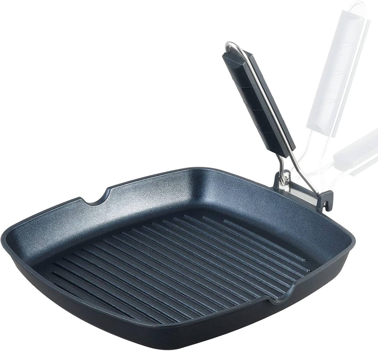 SKITCHN Nonstick Grill Pan With Folding Handle - Induction Compatible KBBQ Pan for Stove Tops, Indoor Square BBQ Grilling With Pour Spouts - 11 in