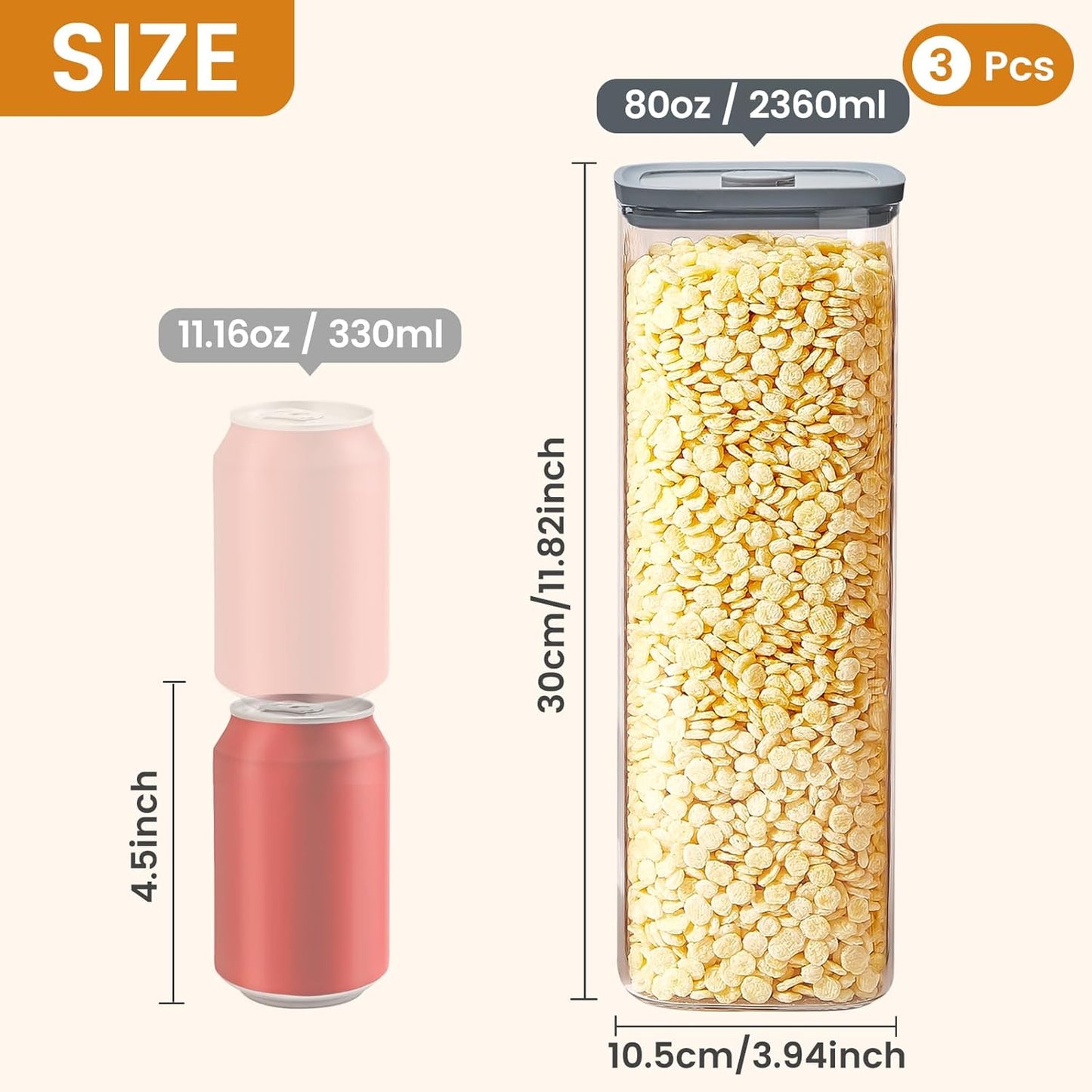 Square Glass Food Storage Jars with Lids[Set of 3], Perfect for Pasta, Cookies, Nuts, Coffee, Cereal, Flour, Organize Your Kitchen with these BPA-Free Glass Jars with Silicone Lids