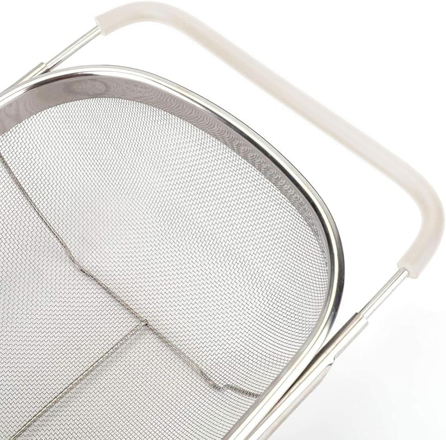 Over The Sink Colander, 6 Quarts Stainless Steel Oval Colander with Expandable Rubber Grip Handle, Fine Mesh Strainer Baskets Kitchen Colander for Strain, Drain, Rinse Vegetables, Fruits, Beige