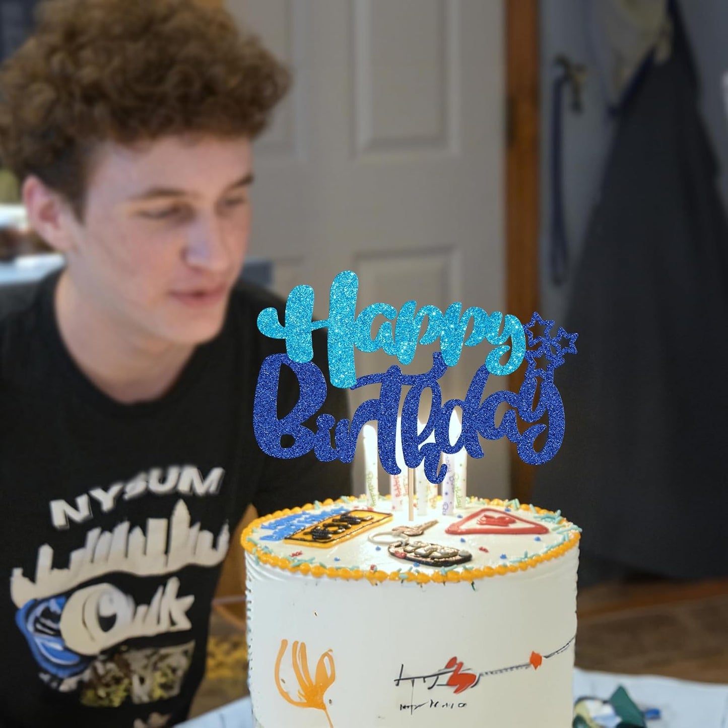 Ephlyn 1Pcs Happy Birthday Cake Topper Glitter Cake Pick for Celebrating Anniversary Theme Party Cake Decorations Supplies Blue