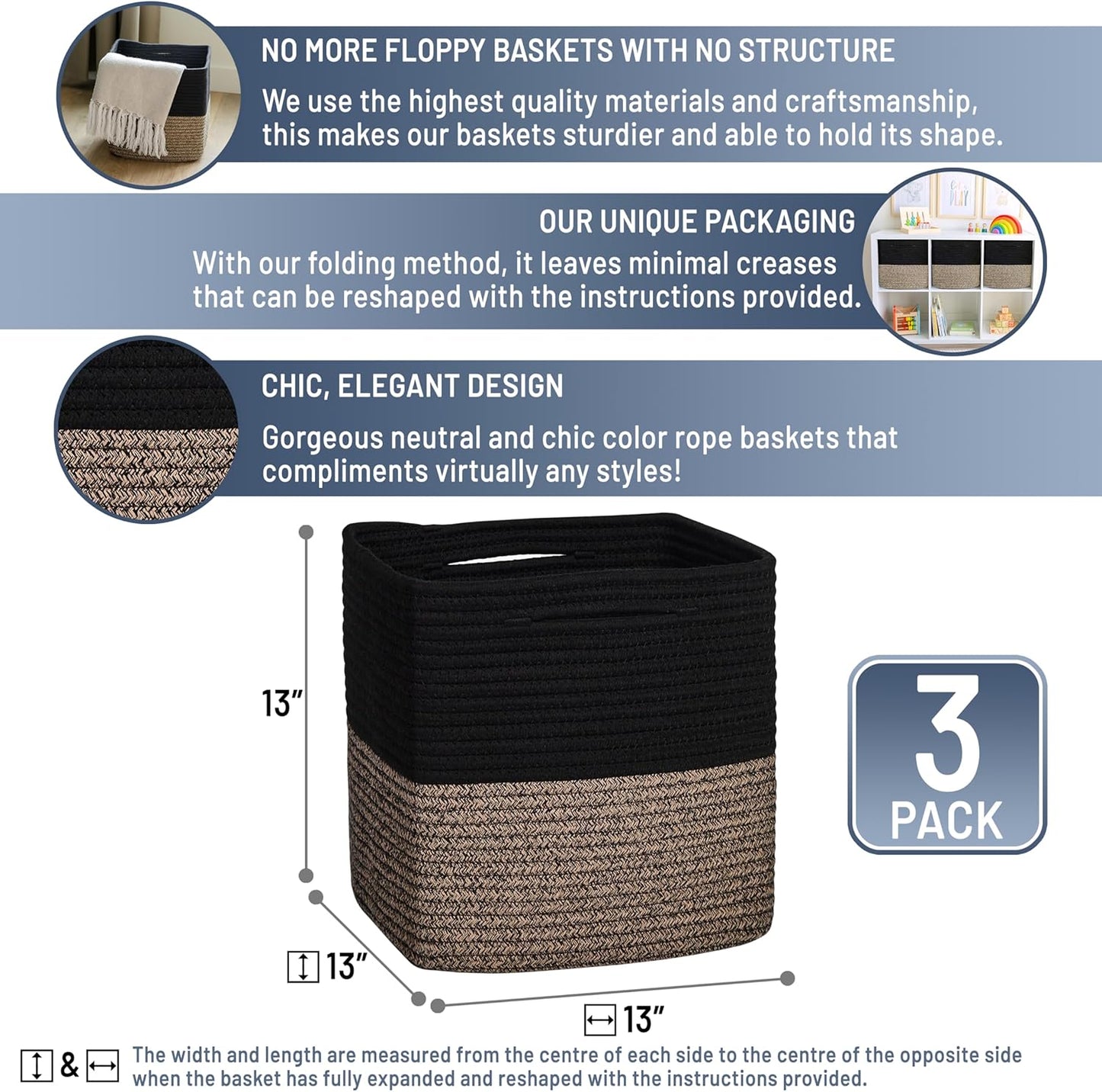 NaturalCozy 13 Inch Cube Storage Bins Cotton Rope Woven Baskets for Organizing 3-Pack | 13 x 13 Storage Cubes | Fabric Square Storage Baskets for Shelves Organizer, Kids Toy Bins, Closet Baby Nursery