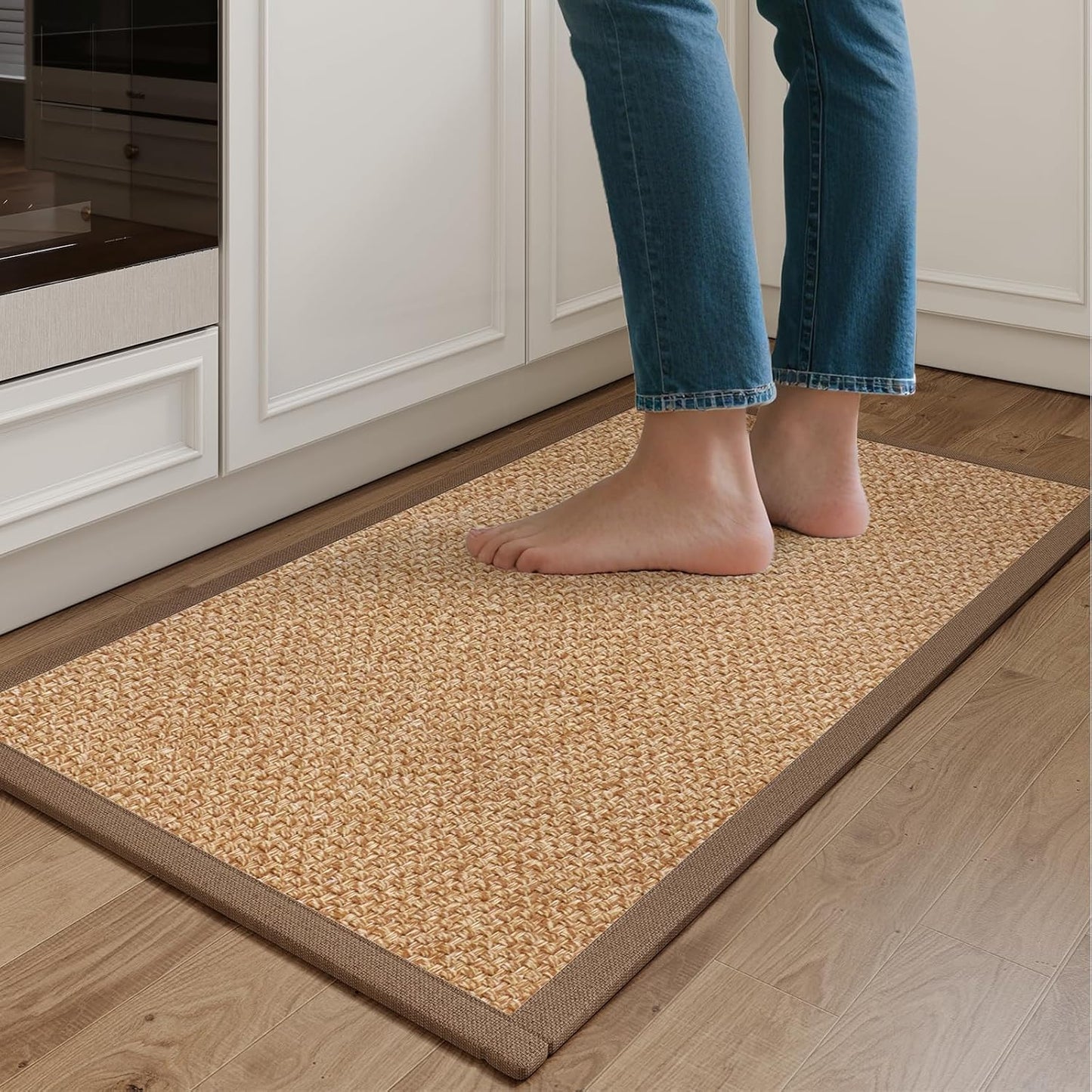Kitchen Mats for Floor, Rubber Backing Kitchen Rugs Non Slip Washable, Super Absorbent Jute-Like Braid Kitchen Runner Rug Sink Mat Standing Mat, Easy to Clean, Brown 17"x30"