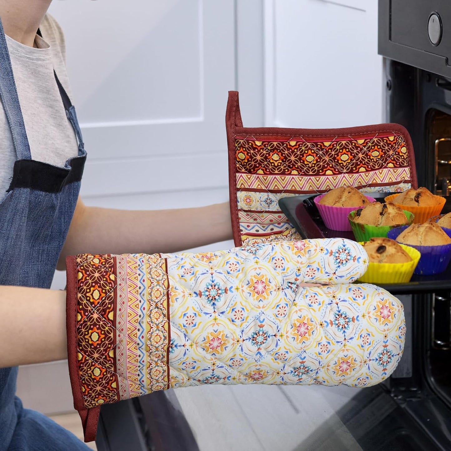 Boho Floral Oven Mitts and Pot Holders Sets 2Pcs, 100% Cotton Heat Resistant, Extra Long Oven Gloves Potholder for Kitchen Cooking Baking Decoration