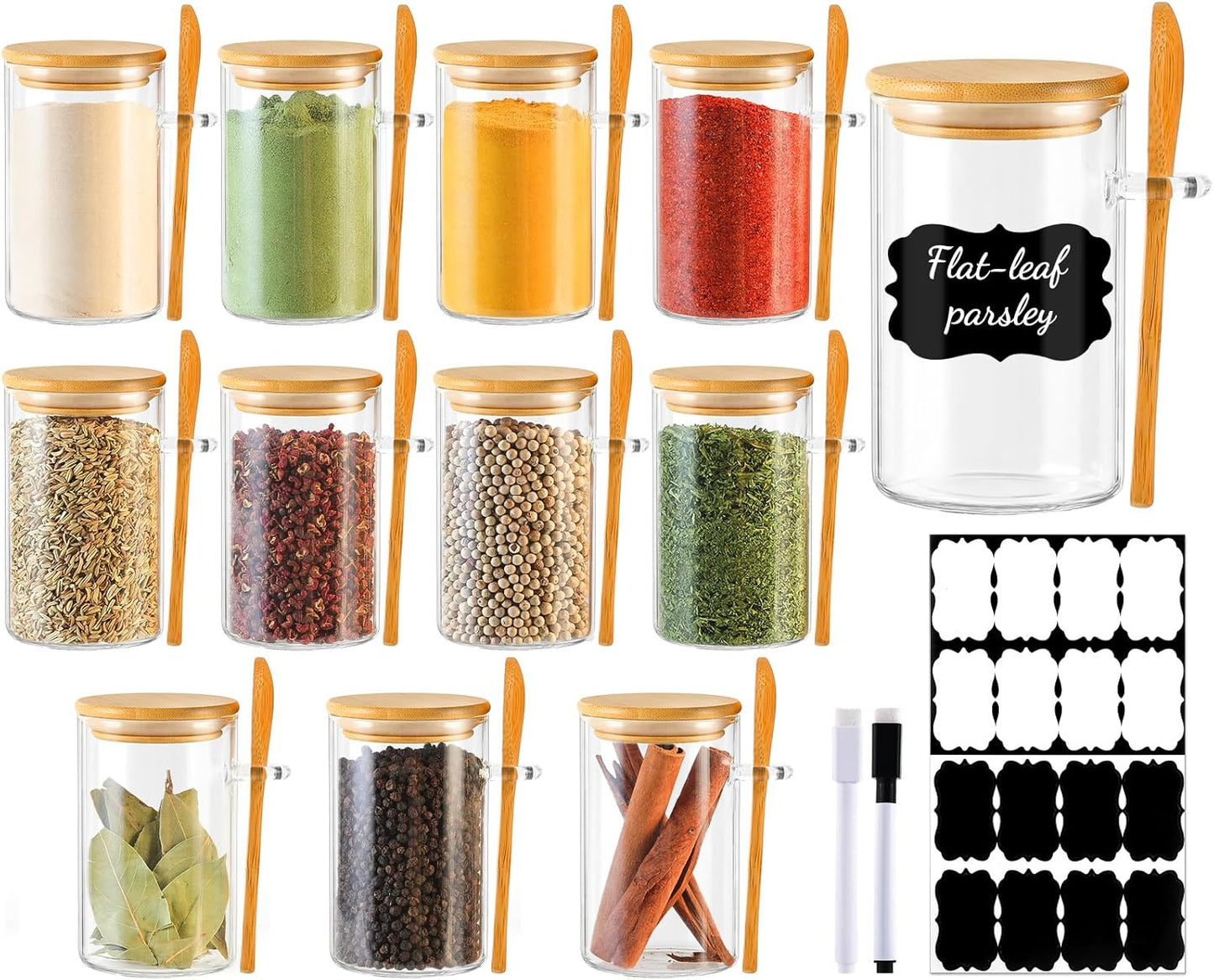 12 Pack 8 oz Round Glass Spice Jars with Lids and Spoons – Airtight Small Spice Containers Set with Labels, Clear Glass Storage Jars for Seasoning, Spices, Kitchen Pantry Organization
