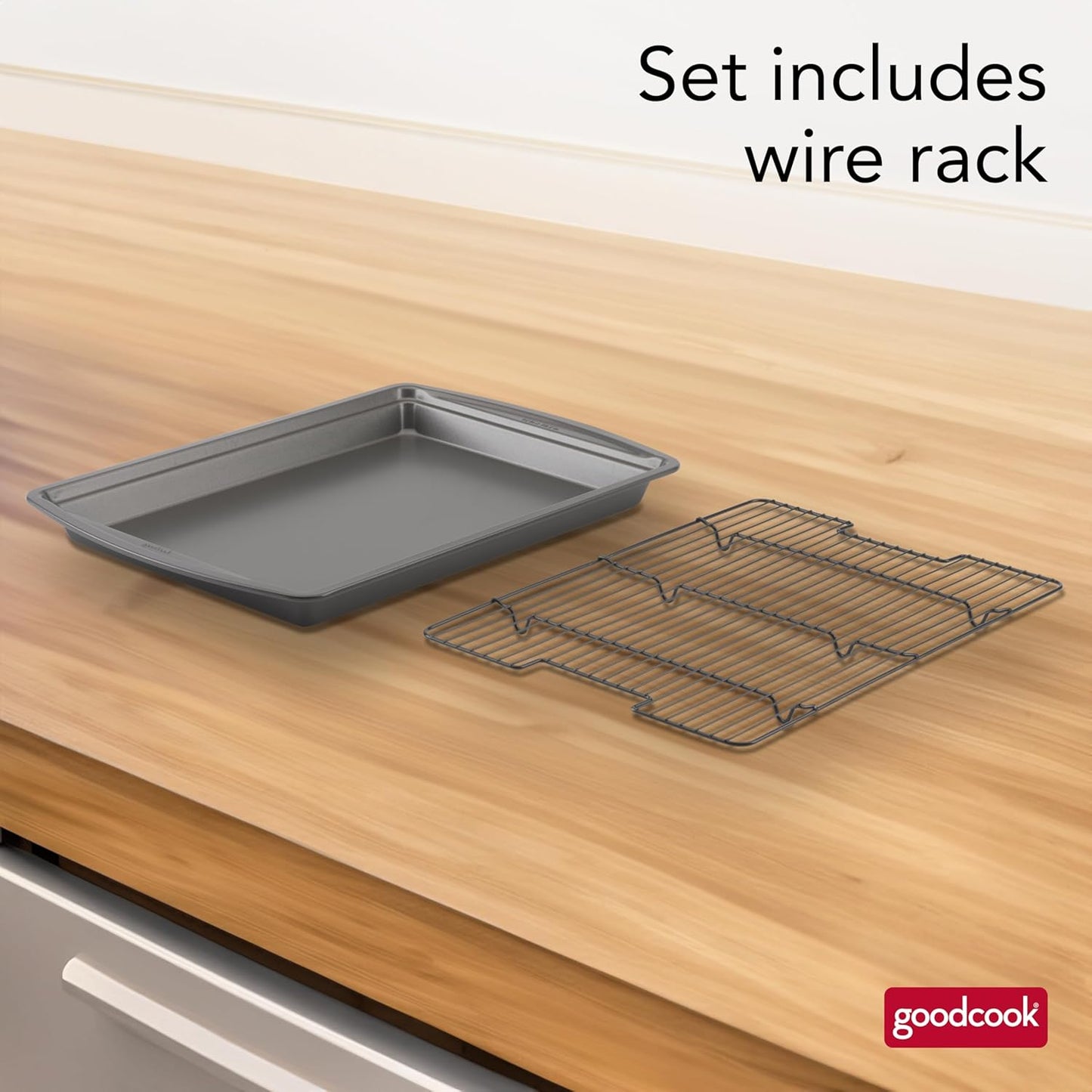 GoodCook 15” x 10.5” Nonstick Carbon Steel Baking Pan & Raised Wire Rack – Pizza Crisper, Crispy Bacon, Multipurpose Cooking Sheet Pan, Cooling Rack, Kitchen Cookware Set, Dishwasher Safe