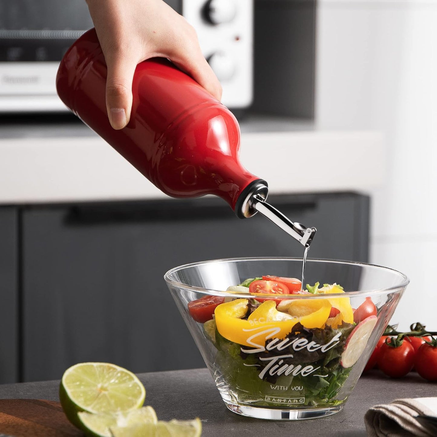 Sweejar Ceramic Olive Oil Dispenser Bottle, Opaque Oil Cruet Protects Oil to Reduce Oxidation, Suitable for Storage Oil, Vinegar, Coffee Syrups & Other Liquids, Pack of 1, 15.5 Fl Oz (Red)