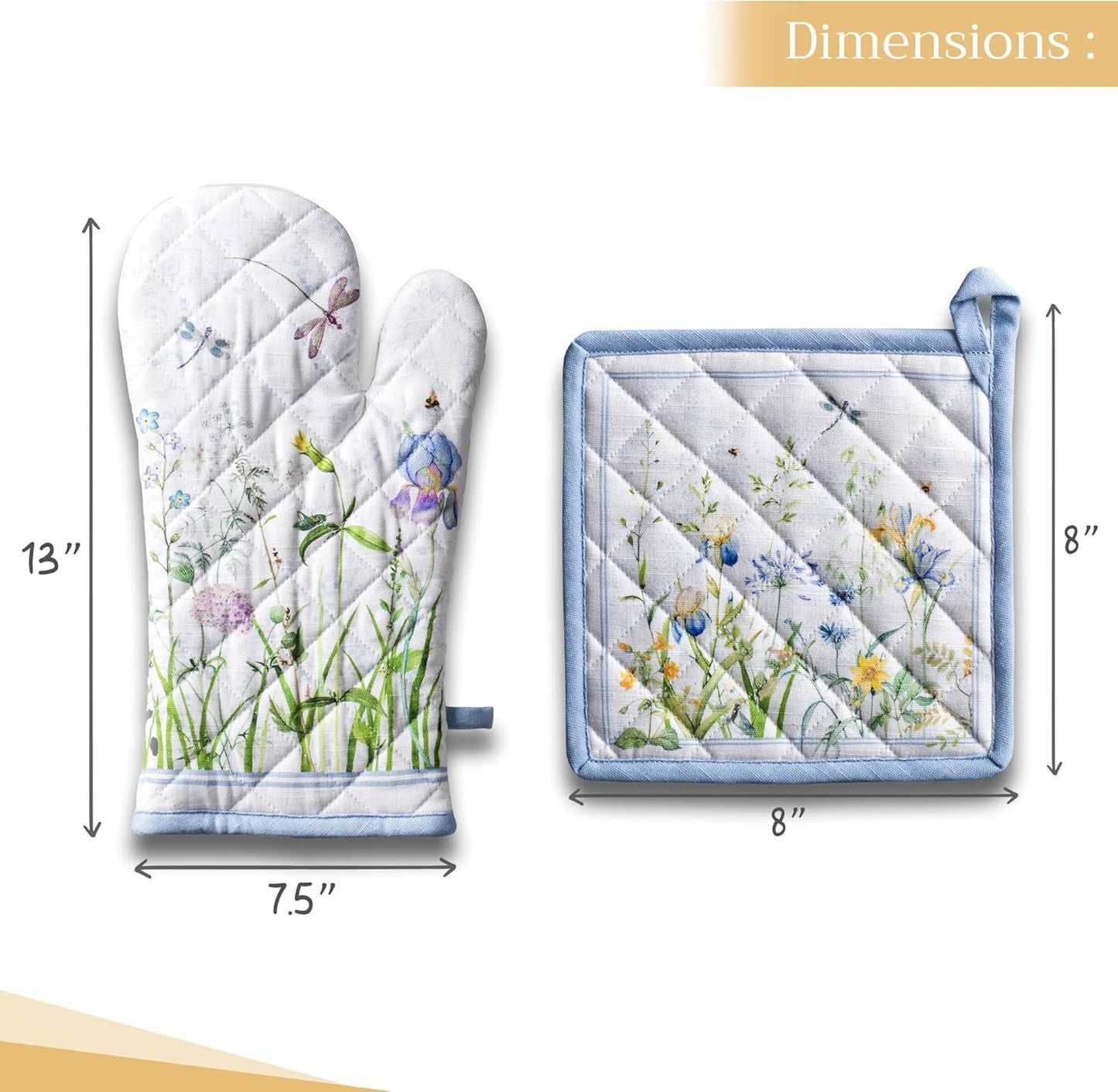 Maison d' Hermine 100% Cotton Oven Mitt & Pot Holder Set (7.5"x13" & 8"x8") Heat Resistant BBQ Cooking Gloves with Loop, Baking, Grilling, Kitchen, Handling Hot Pans Spring/Summer (Fleurs De Mai)