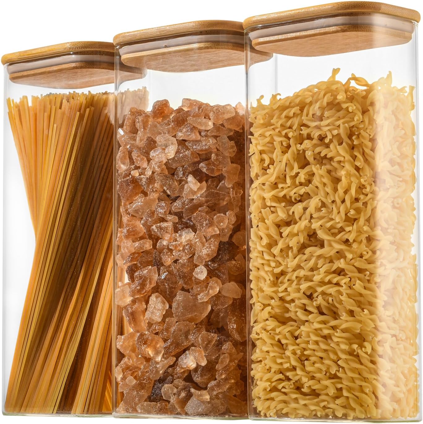 71oz Rectangle Airtight Glass Storage Containers with Bamboo Lids (Set of 3), Square Food Storage Jar, Pantry Organizers for Sugar, Flour, Spaghetti and Coffee beans (‎with Black Lable)