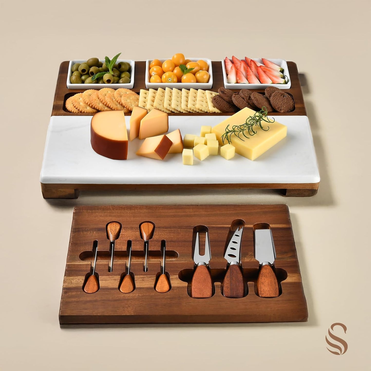 Shanik Wood - Marble Cheese Board Set with 3 Ceramic Bowls - Stainless Steel Cutlery Set, Charcuterie Board & Gift for Any Occasion (with Engraving)