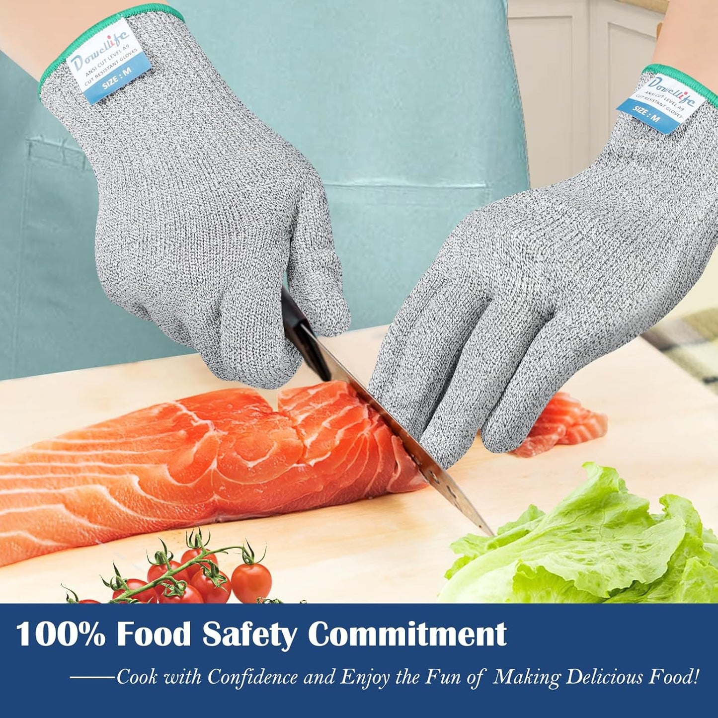 Dowellife Soft Level 9 Cut Resistant Gloves Food Grade, Steel Wire Mixed Kitchen Safety Gloves for Chef Oyster Shucking Mandoline Knife Butcher Meat Cutting Carving (X-Large)