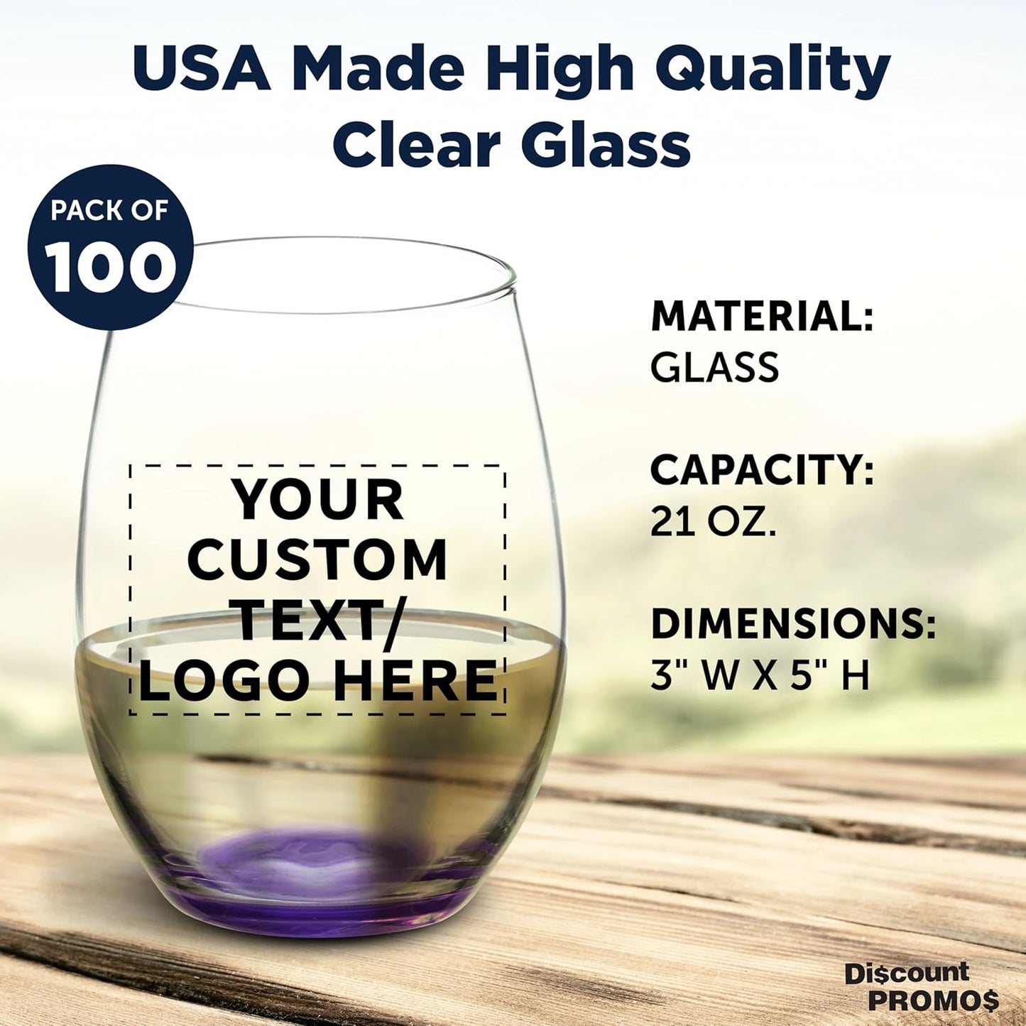 DISCOUNT PROMOS 100 ARC Stemless Wine Glasses Set, 21 oz. - Customizable Text, Logo - Chardonnay, Cabernet, Merlot, Sauvignon - Purple