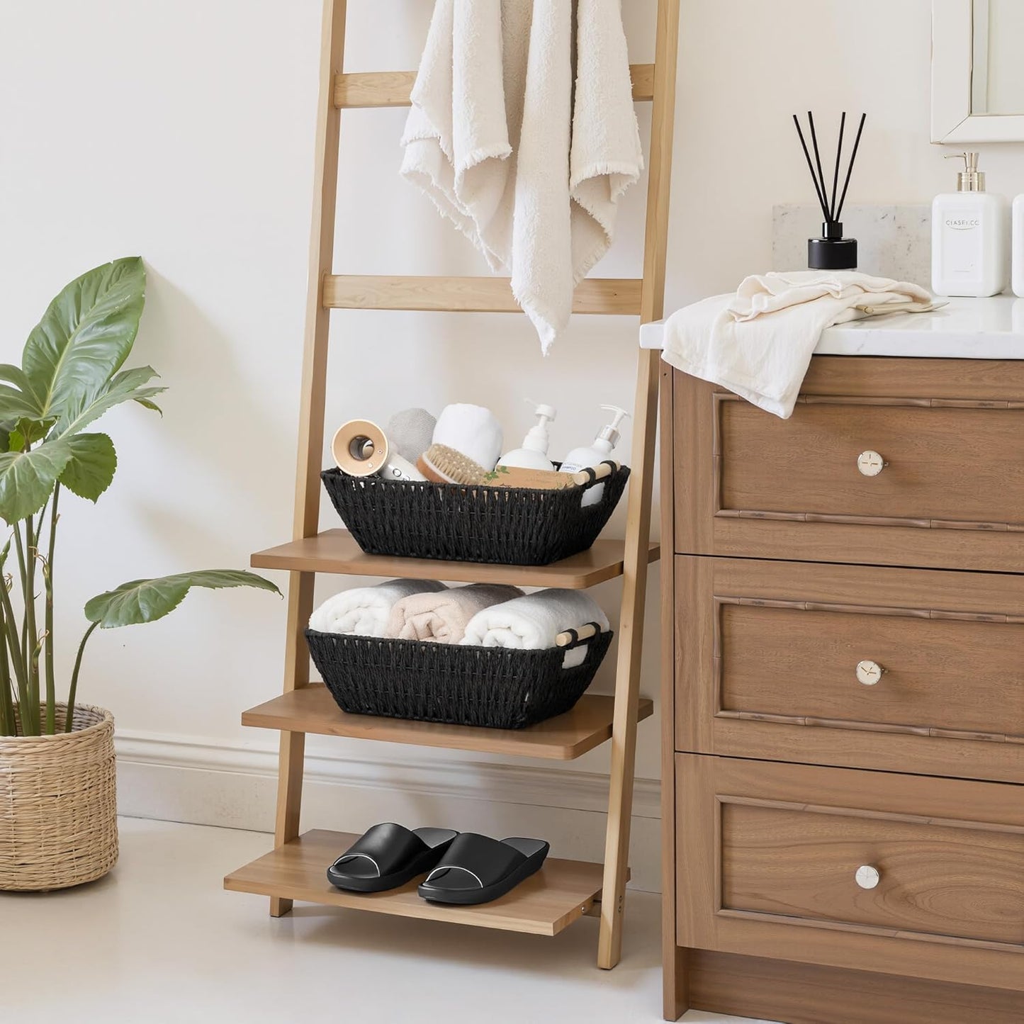 StorageWorks Large Wicker Storage Basket for Organizing with Wooden Handles, Toilet Paper Baskets for Bathroom, Black, 2-Pack