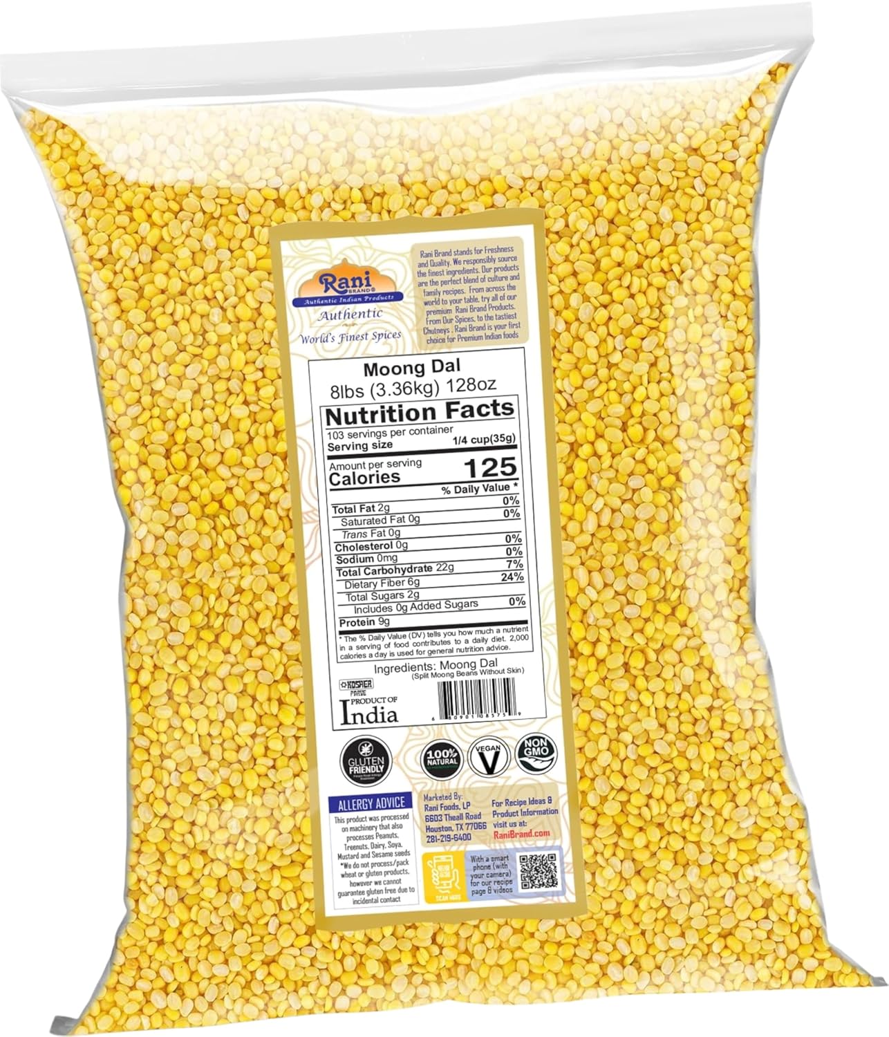 Rani Moong Dal (Split Mung Beans Without Skin) Lentils Indian 128oz (8lbs) 3.63kg Bulk ~ All Natural | Gluten Friendly | Non-GMO | Kosher | Vegan | Indian Origin