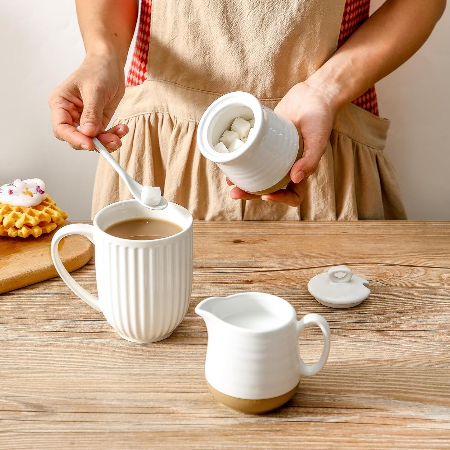 Hasense Ceramic Sugar and Creamer Set, Sugar Bowl with Lid and Spoon, Cream Pitcher, Cute Coffee Serving Set for Wedding Gift and Home Decor, Dishwasher Safe, White