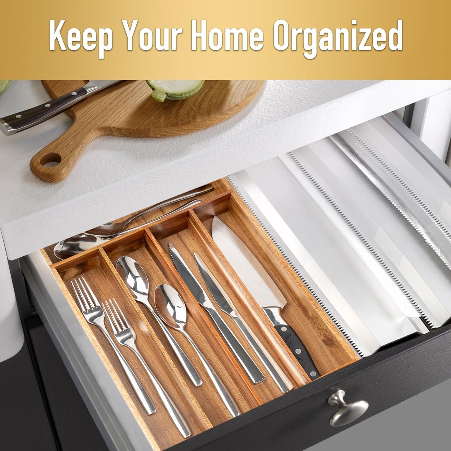 Silverware Organizer Kitchen Drawer Organizer Utensil Organizer Acacia Silverware Holder Cutlery Organizer in Drawer Flatware Organizer Tray(5 slots, Acacia