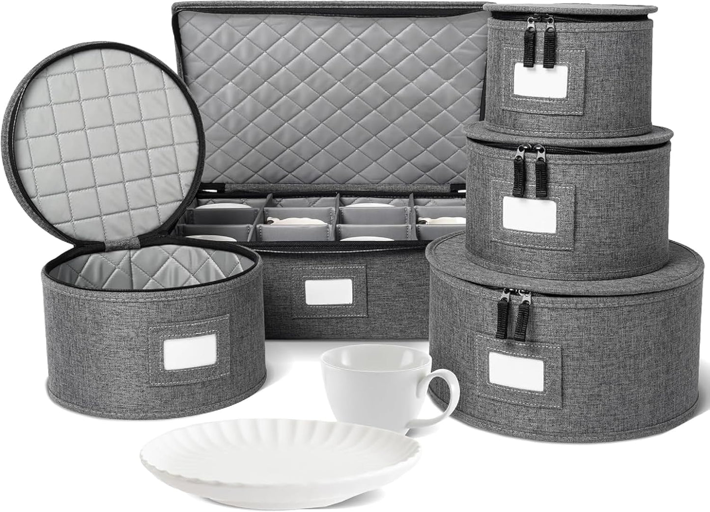 storageLAB China Storage Containers, Hard Shell Case with Felt Dividers for Charger Plates, and Dishes, Ideal for Kitchen Organization, Moving Supplies, and Fine China Storage - 5-Piece Set, Gray