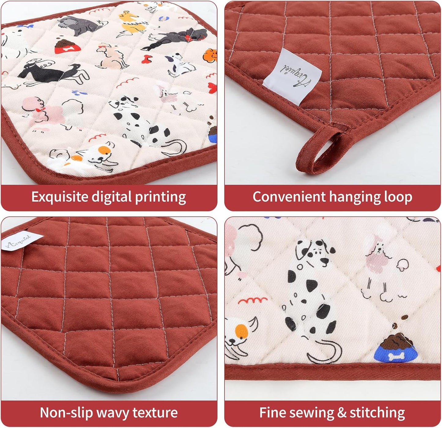 Dogs Oven Mitts and Pot Holders Sets 4Pcs, 100% Cotton Heat Resistant, Extra Long Oven Gloves Potholder for Kitchen Cooking Baking Decoration