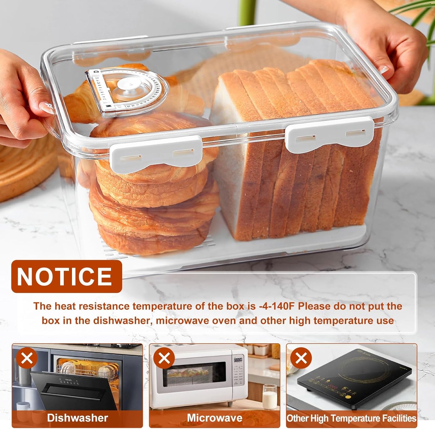 Bread Box for Kitchen Countertop, 2 Pack Airtight Bread Storage Container,Time Recording Bread Holder with Lid,Bread Keeper for Homemade Bread, Toast, Bagel, Donut and Cookies(White)