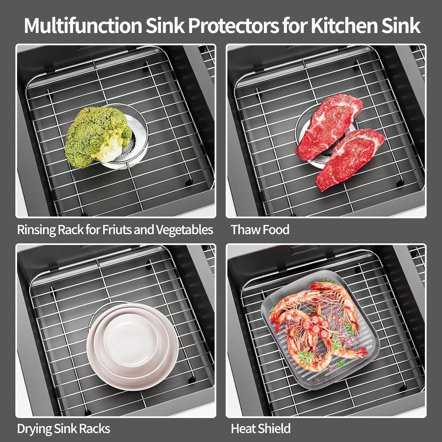 2Pack Sink Protectors for Kitchen Sink, 13’’x11-5/8’’ Stainless Steel Sink Protector with Center Drain, Rust Resistant Sink Grate for Bottom of Kitchen Sink with 2Pack Sink Drain Strainer