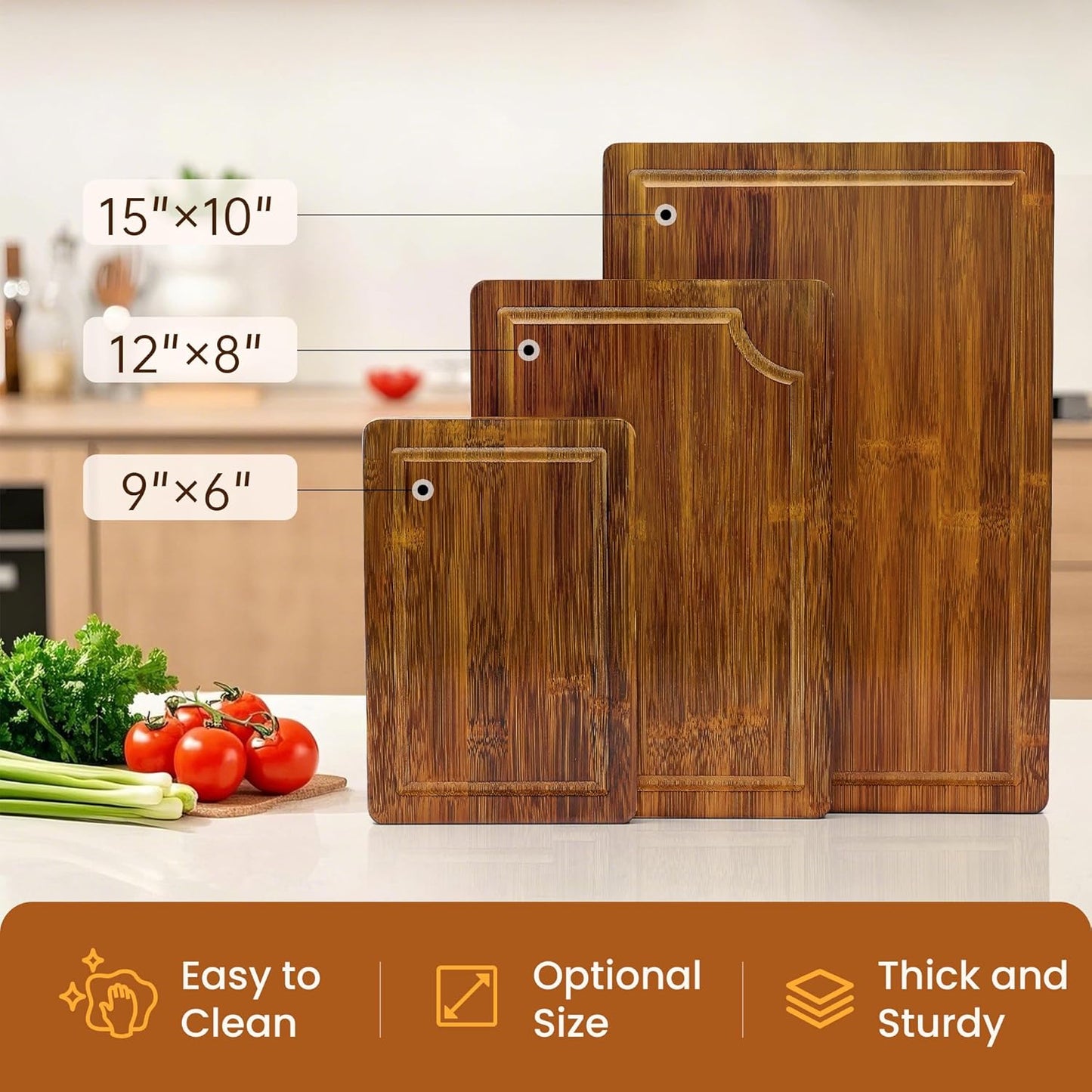 Bamboo Cutting Boards, (Set of 3) with Juice Groove, Bamboo Wood Cutting Board Set for meat, fruit and cheese