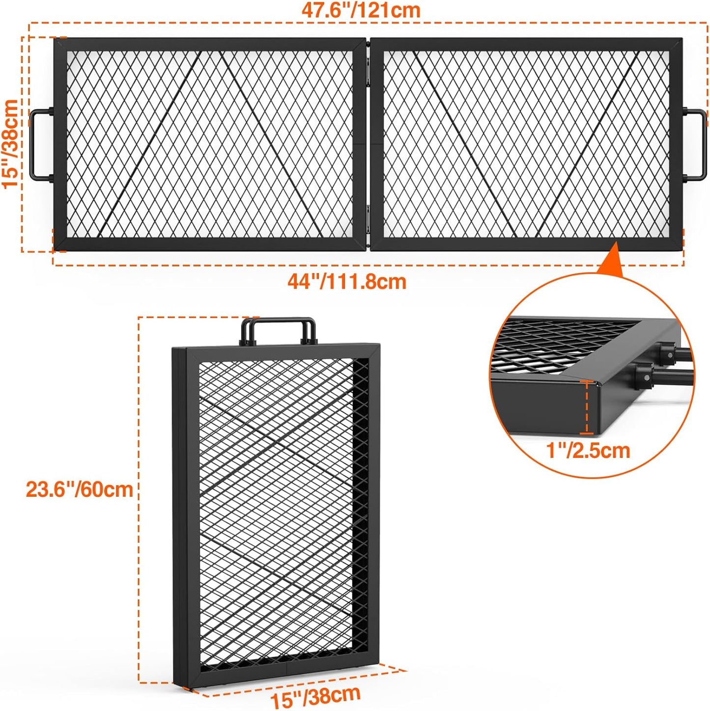 Onlyfire Foldable X-Marks Fire Pit Cooking Grate, Portable Rectangle Campfire Grill Grate with Handles, Heavy Duty Steel Campfire BBQ Grill for Outdoor, 44 inch