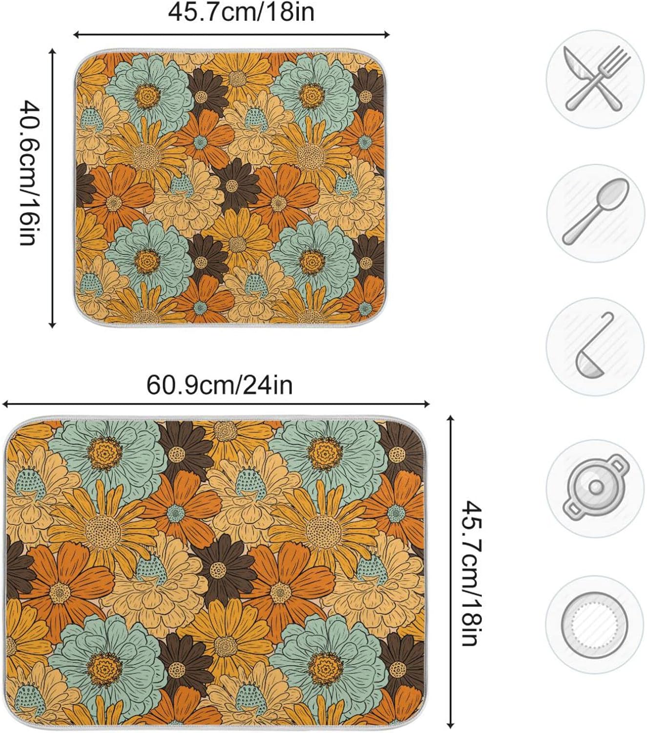 senya Super Absorbent Dish Drying Mat, Microfiber Fast-Drying 16'' x 18'', Kitchen Pad, Retro Flower Daisy