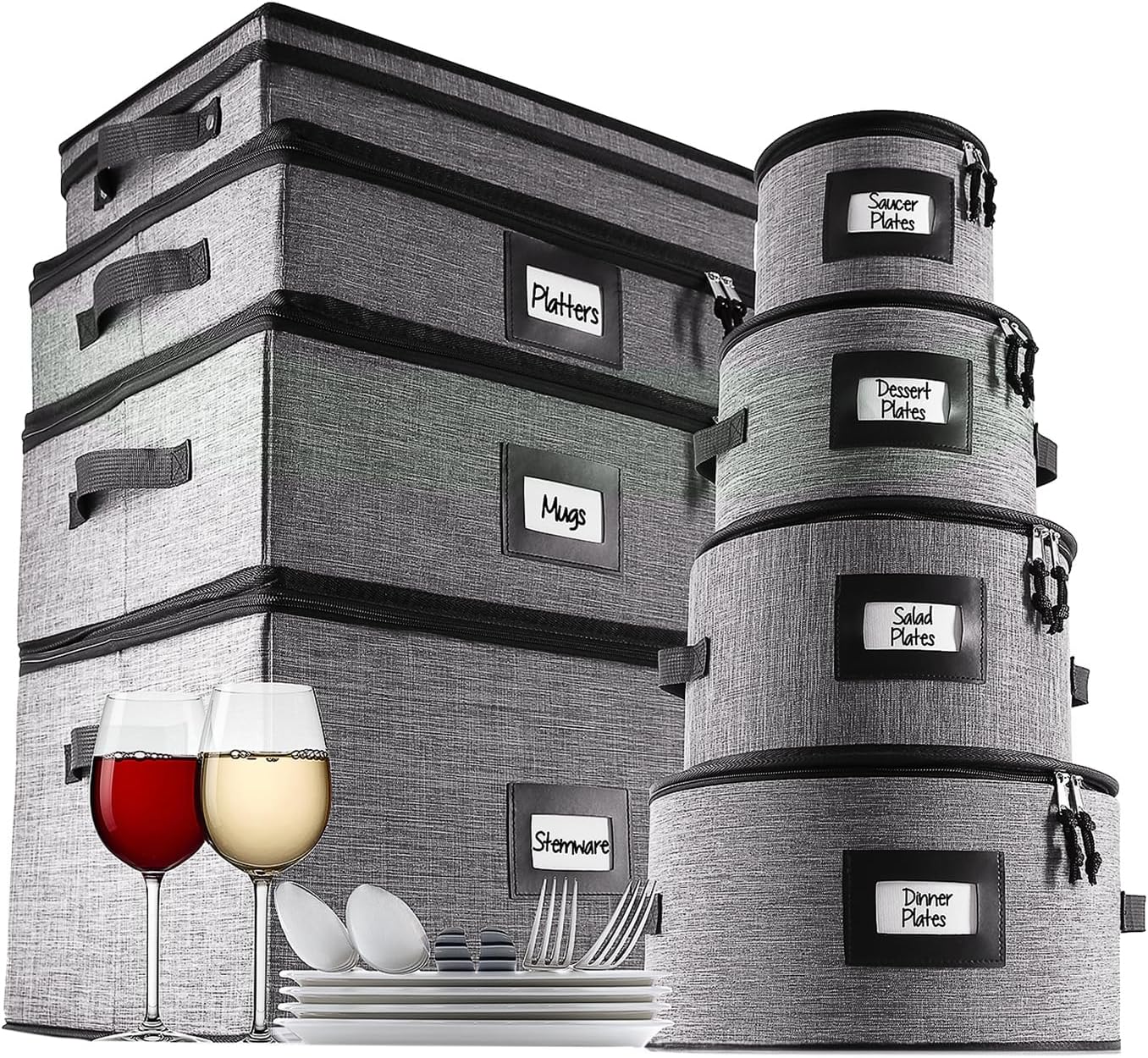 Fine China Storage Containers, 8 Piece Quilted Dish Storage Containers for Flatware & Utensil, Mug, Platter and Wine Glass with Felt Dividers, Durable Dinnerware Dish Organizers for Moving, Grey