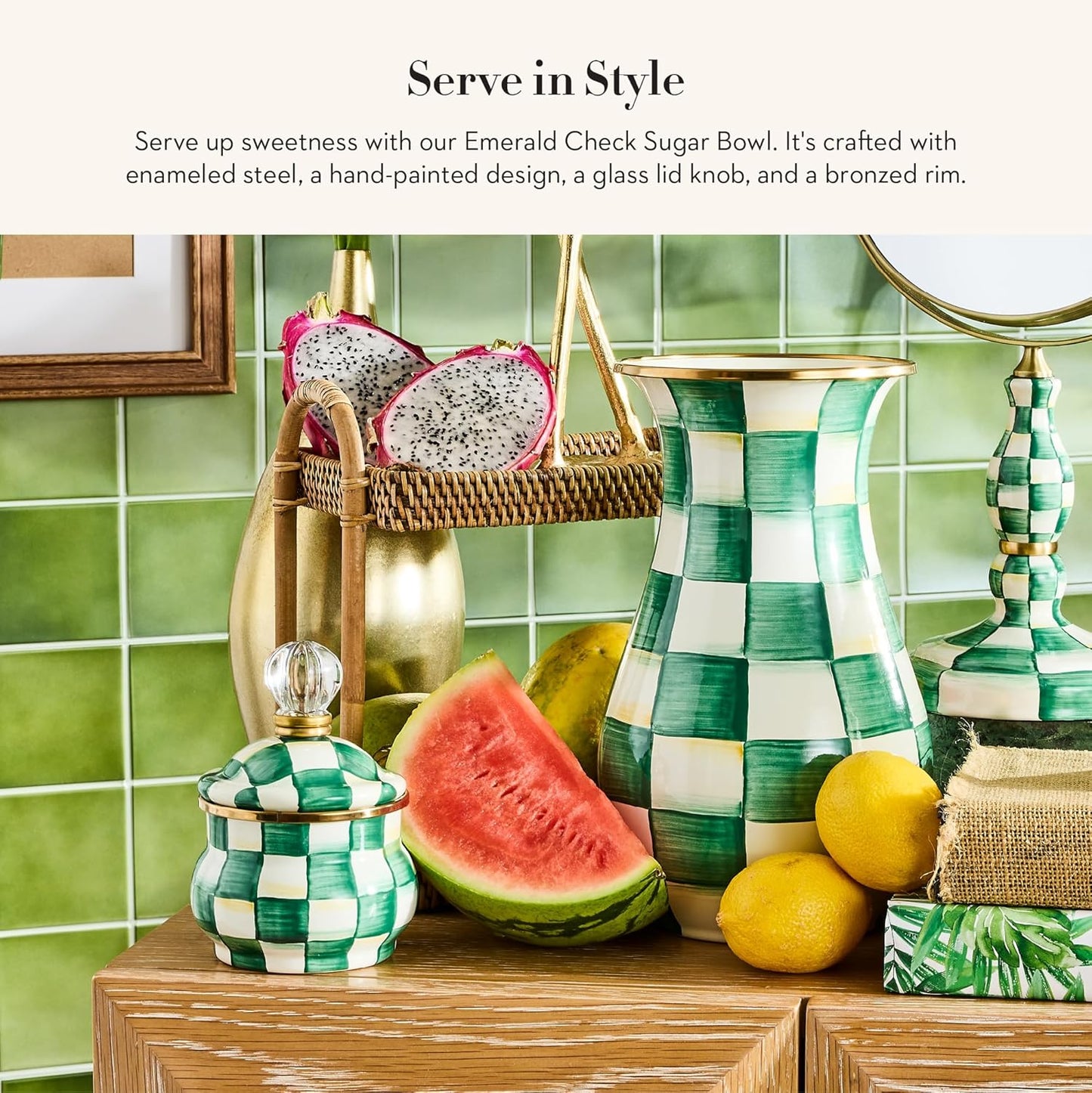 MACKENZIE-CHILDS Enamel Lidded Sugar Bowl, Small Serving Bowl with Lid, 10-Ounce Capacity, Green-and-White Emerald Check