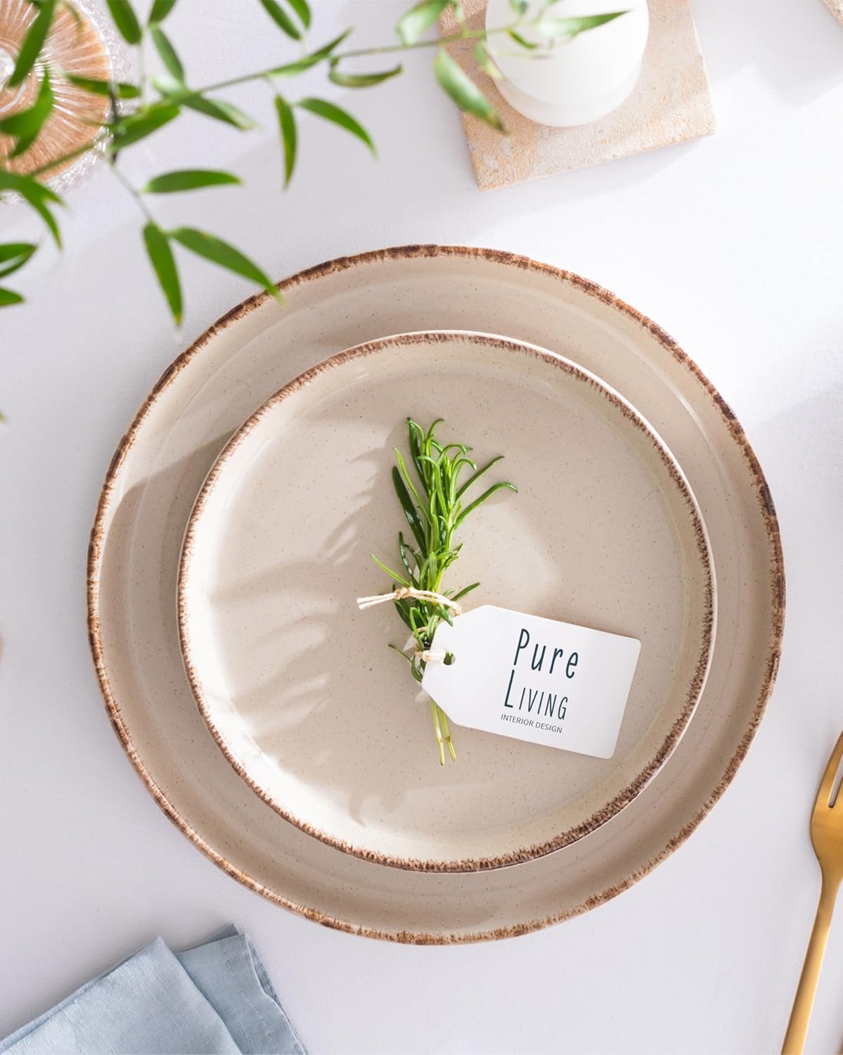 Stoneware dinnerware set 4 persons Rustic 12 pcs - Rustic design dinnerware set, dishwasher safe - Bowl and plate set - Pure Living dinnerware in beige…