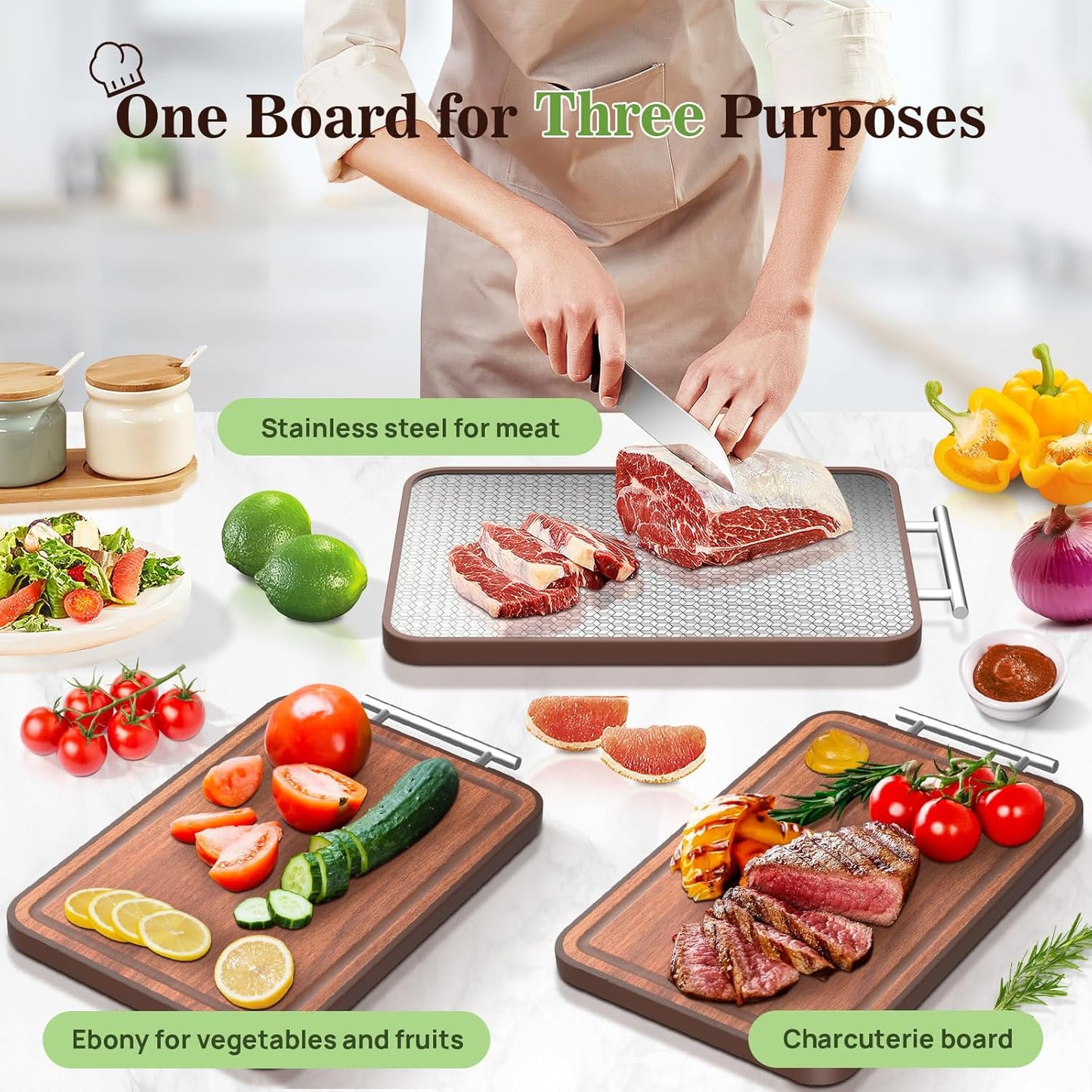 Stainless Steel Cutting Board Wood Double Sided Chopping Cutting Boards for Kitchen - 2 in 1 Ebony Metal with Handle Scratch Resistant Raw Meat Vegetable Fruit Cooking Gift 17.7''×11.6''×1''(Upgraded)