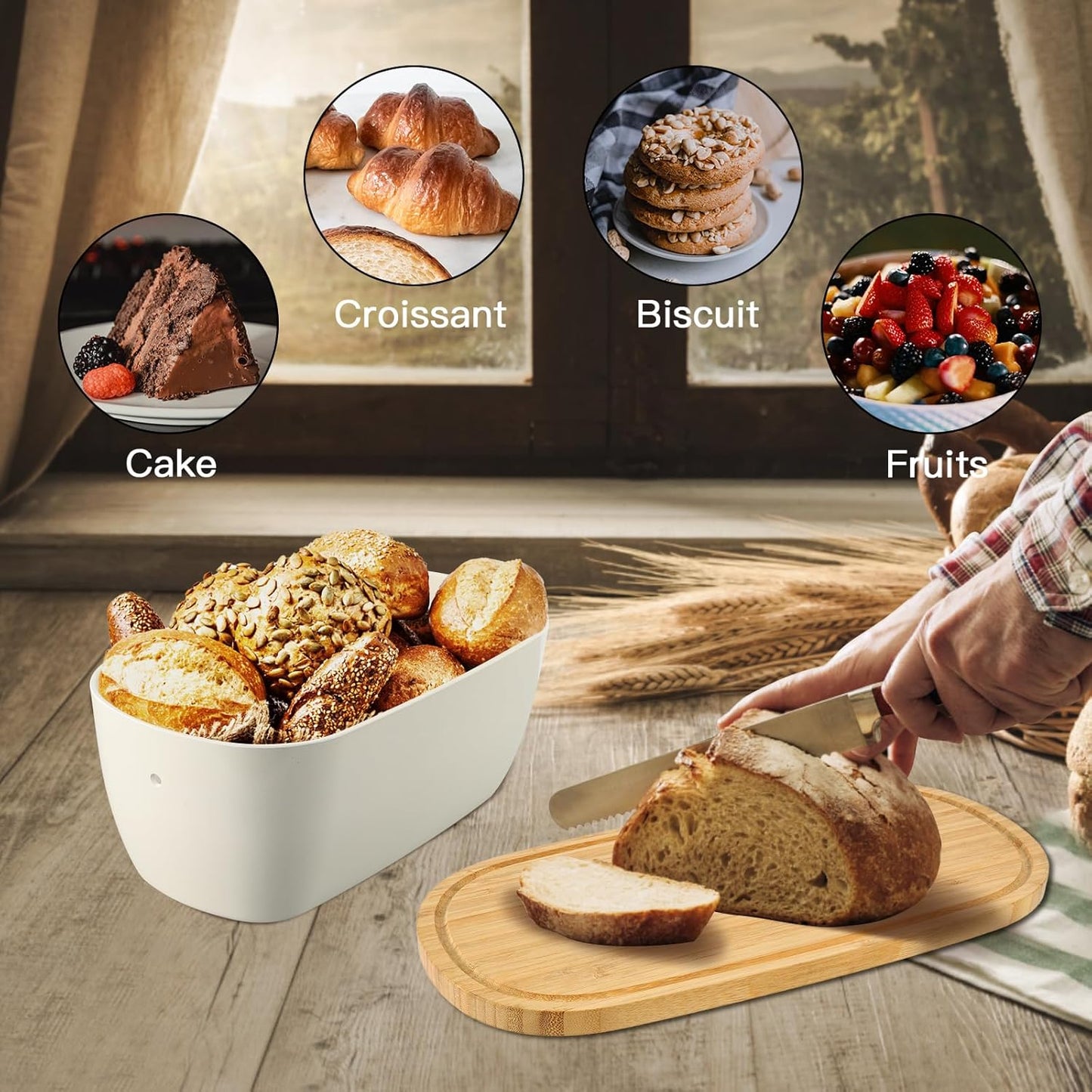 Bread Box for Kitchen Countertop - Bamboo Fiber Bread Bin with Reversible Cutting Board Lid, Juice Groove - Ventilated, Multi-Functional Storage Keeper for Freshness (14.2x7.8x5.5In, White)