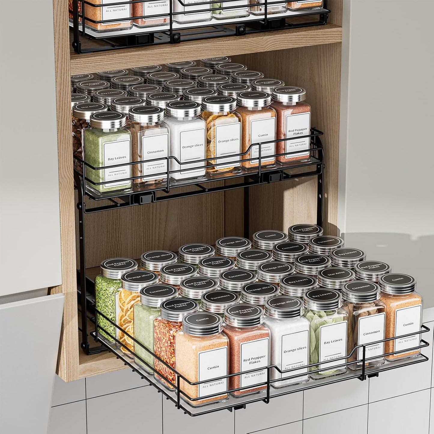2-Tier Pull Out Spice Rack, Spice Rack Organizer, Pull Out Spice Racks for Inside Cabinets, Height Adjustable Heavy Duty Metal Basket for Inside Cabinet & Pantry (13.5''Wx10.5''Dx9.5''H)