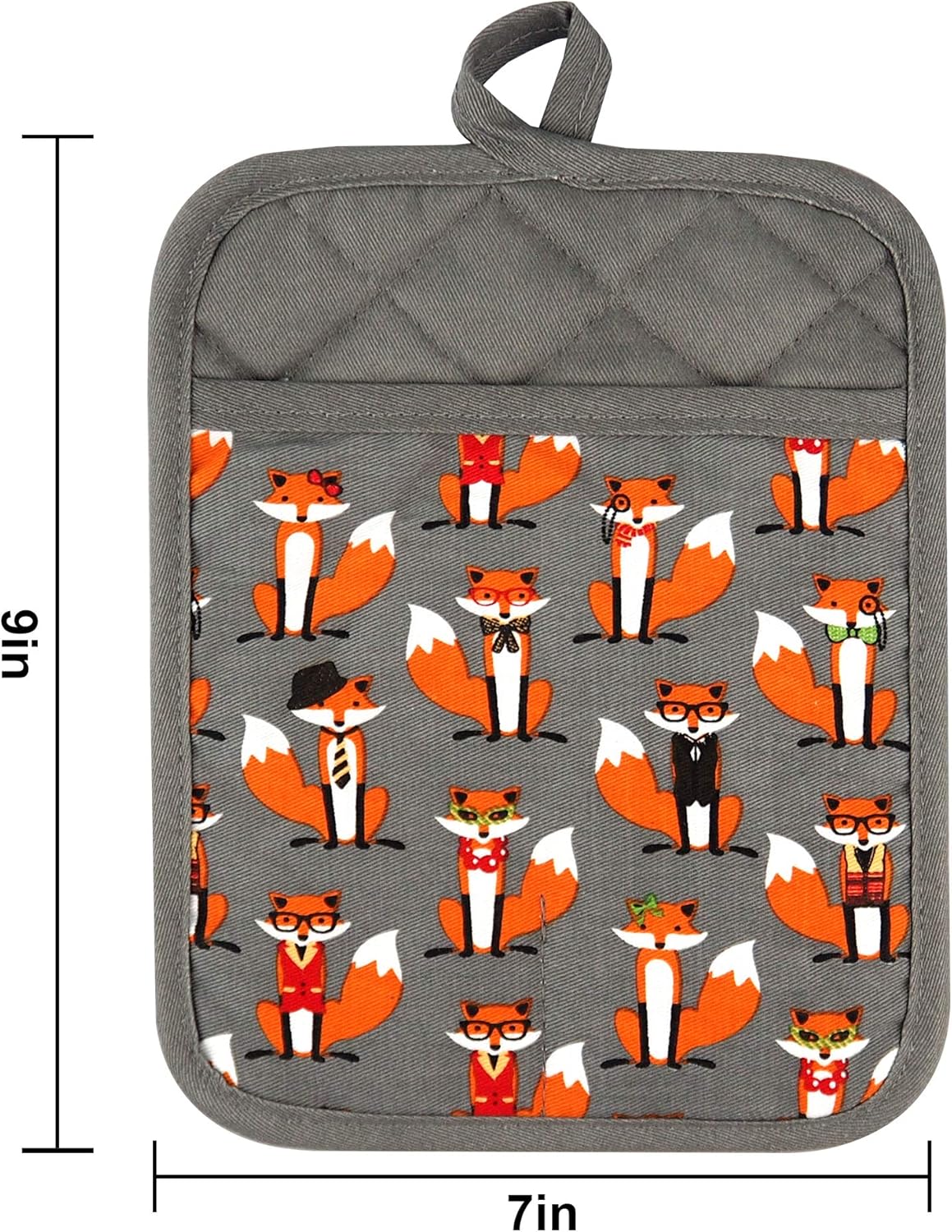 Pot Holders Set of 2 Heat Resistant 480 ℉ Non Slip Clear Silicone Printed Comfortable Cotton Lining Kitchen Women Men Cooking Baking Microwave Machine Washable (Fox, Gray Potholders)