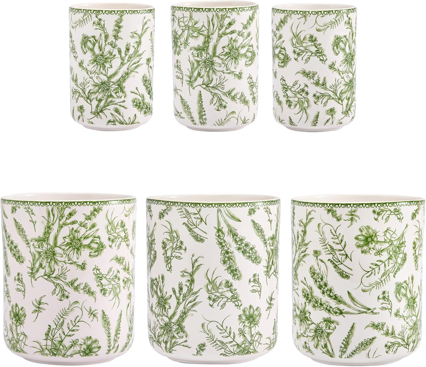 Bico Green Garden Toile De Jouy Ceramic Utensil Holder Set of 2, Ceramic Kitchen Utensil Crocks for Countertop, Large Cooking Tool Holder Counter Decor, Spatula Organizer