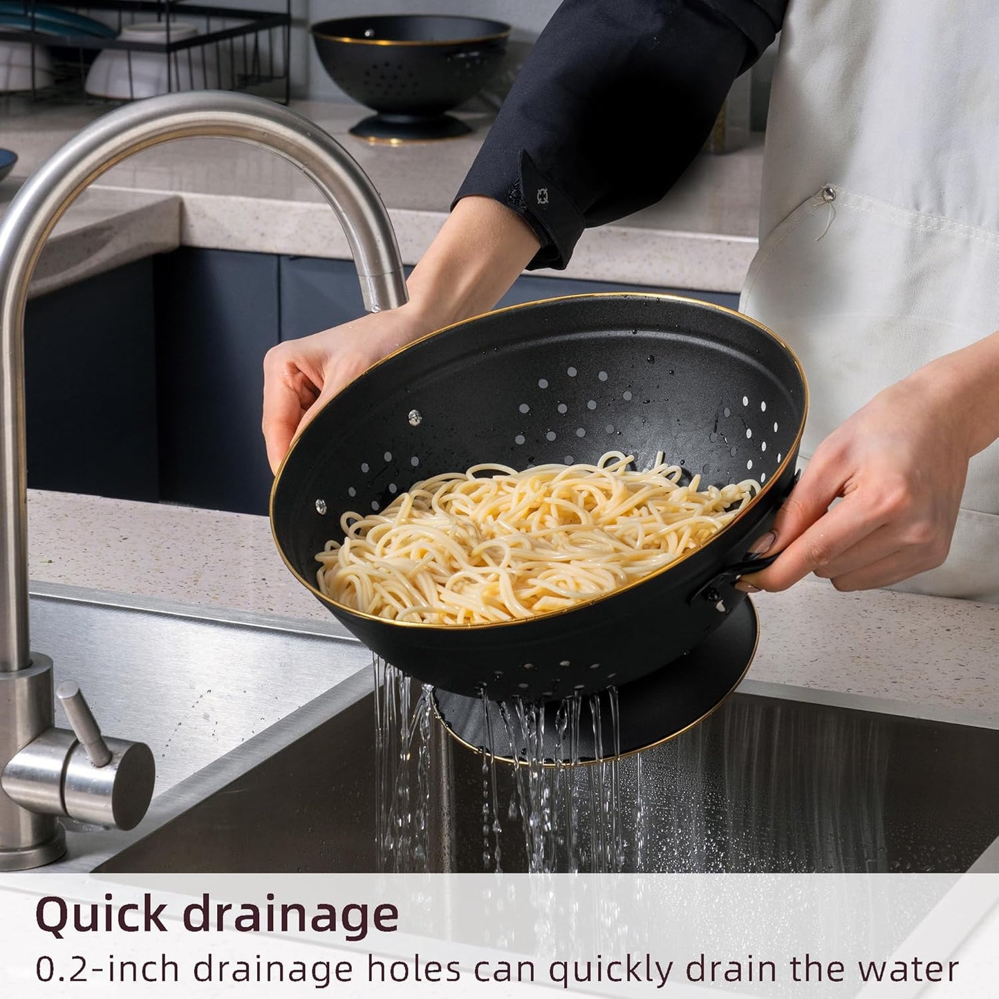 Metal Colander Set of 2, Strainer Basket with Handles perfect for Spaghetti, Pasta, Berry, Vegetable, Fruit, Solid Base Powder Coated Self-draining Kitchen Colander Bowel, 3.5 & 5 Qt, Matte Black