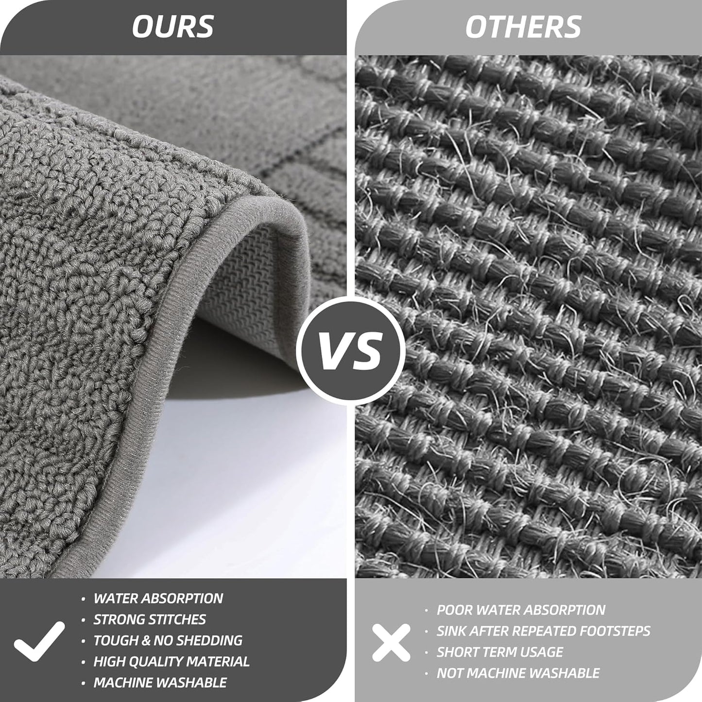 BEQHAUSE-Kitchen-Rugs-Washable-Kitchen-Mats-for- Floor Non-Slip Kitchen Mat Set of 2 Absorbent Kitchen Runner with TPR Non Skid Backing,Grey,20x30inch/20x48inch