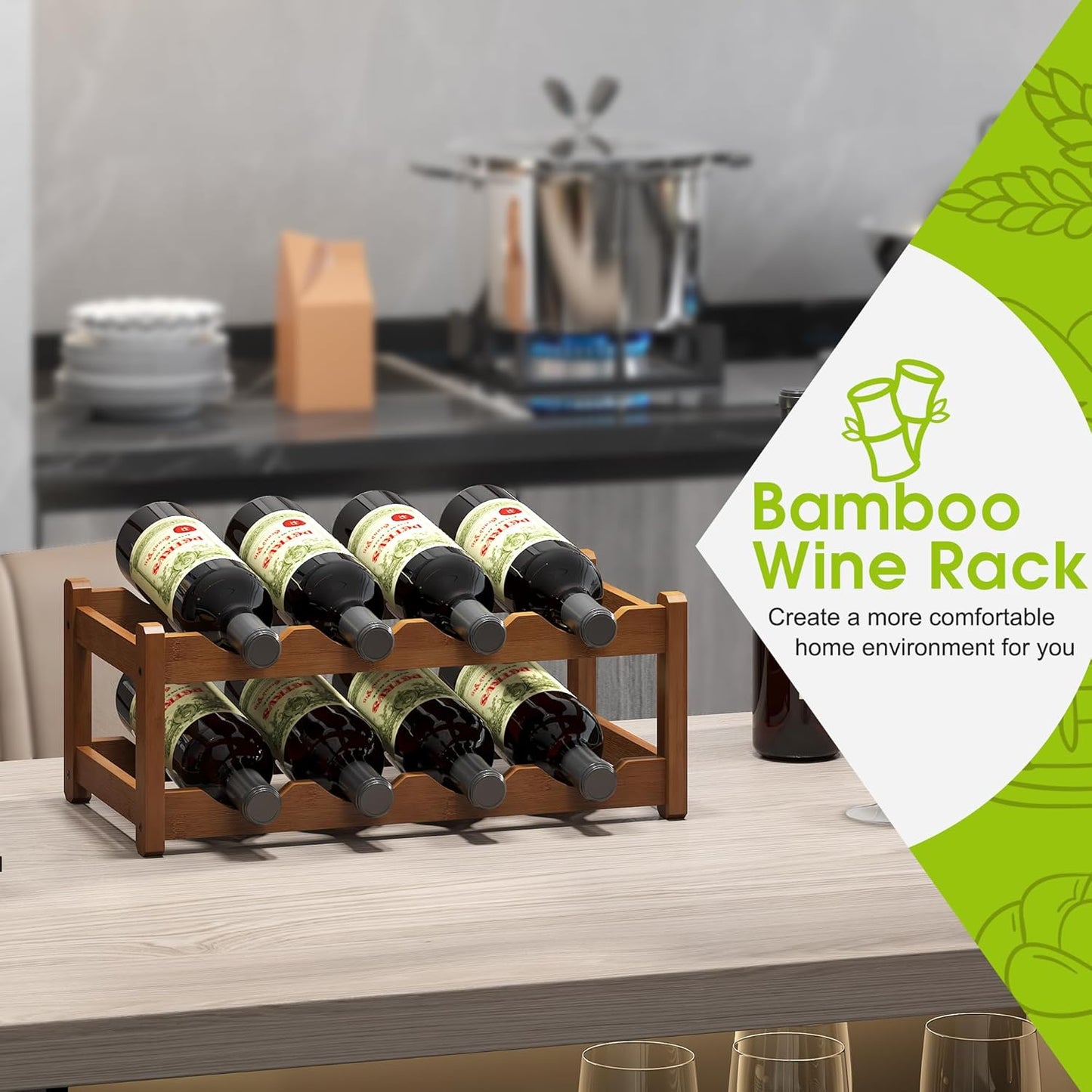 BMOSU Bamboo Wine Rack Wine Storage Cabinet Shelf 8 Bottle Wine Racks Countertop Sturdy for Kitchen Dining Room Pantry - 2 Tiers Wine Rack(Brown)