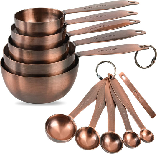 Copper measuring cups and spoons set,Includes 5 Copper Measuring Cups and 5 Measuring Spoons and Measure Ingredient Leveler and Rings（copper）