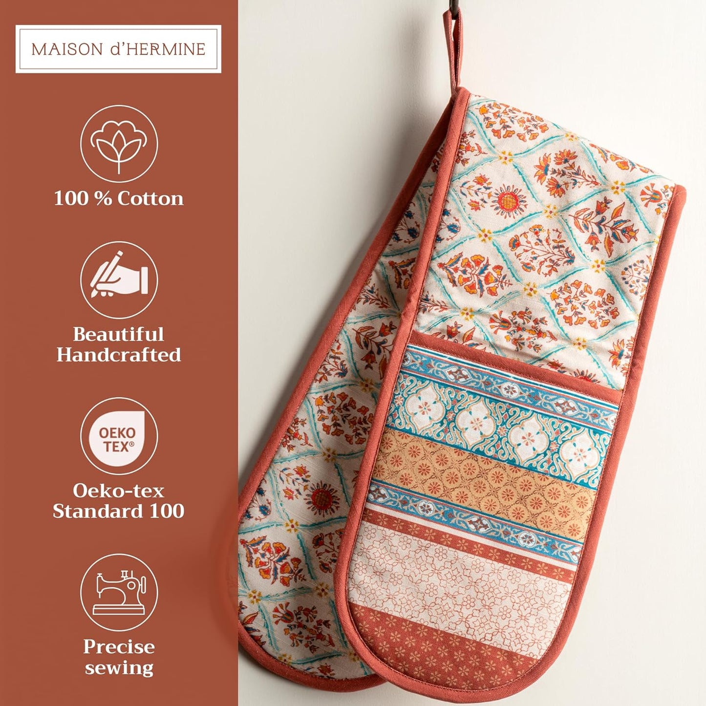 Maison d' Hermine Double Oven Mitts 100% Cotton 7"x35" Double Oven Mitt Heat Resistant BBQ Cooking Gloves with Loop, Baking, Grilling, Home, Kitchen, Handling Hot Pans (Romane)