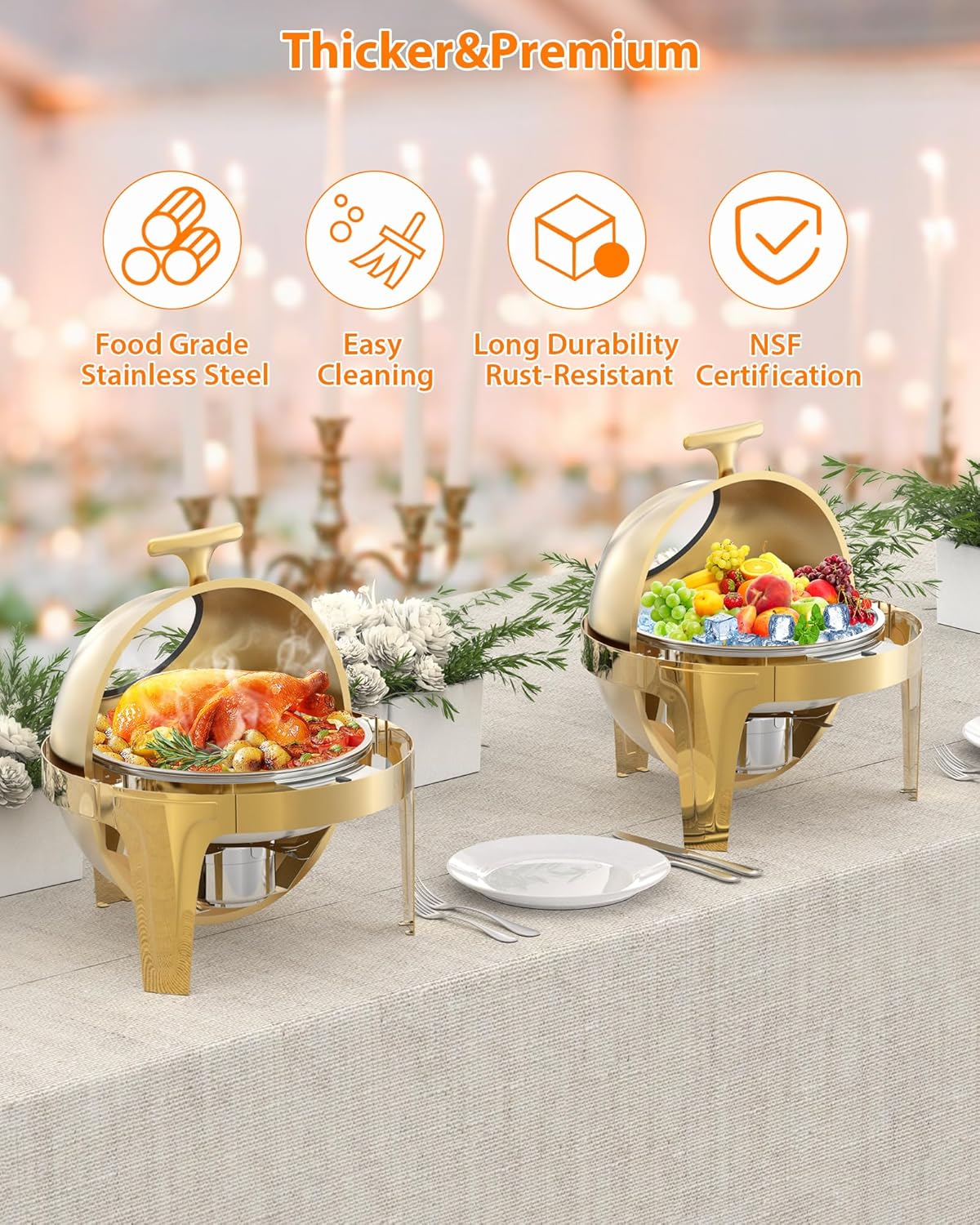 Roll Top Chafing Dish Buffet Set, 6.3 Qt Round Chafing Dish for Buffet, Stainless Steel Food Warmer Chafer with Glass Window Full Size Food Pan for Catering Parties Banquets
