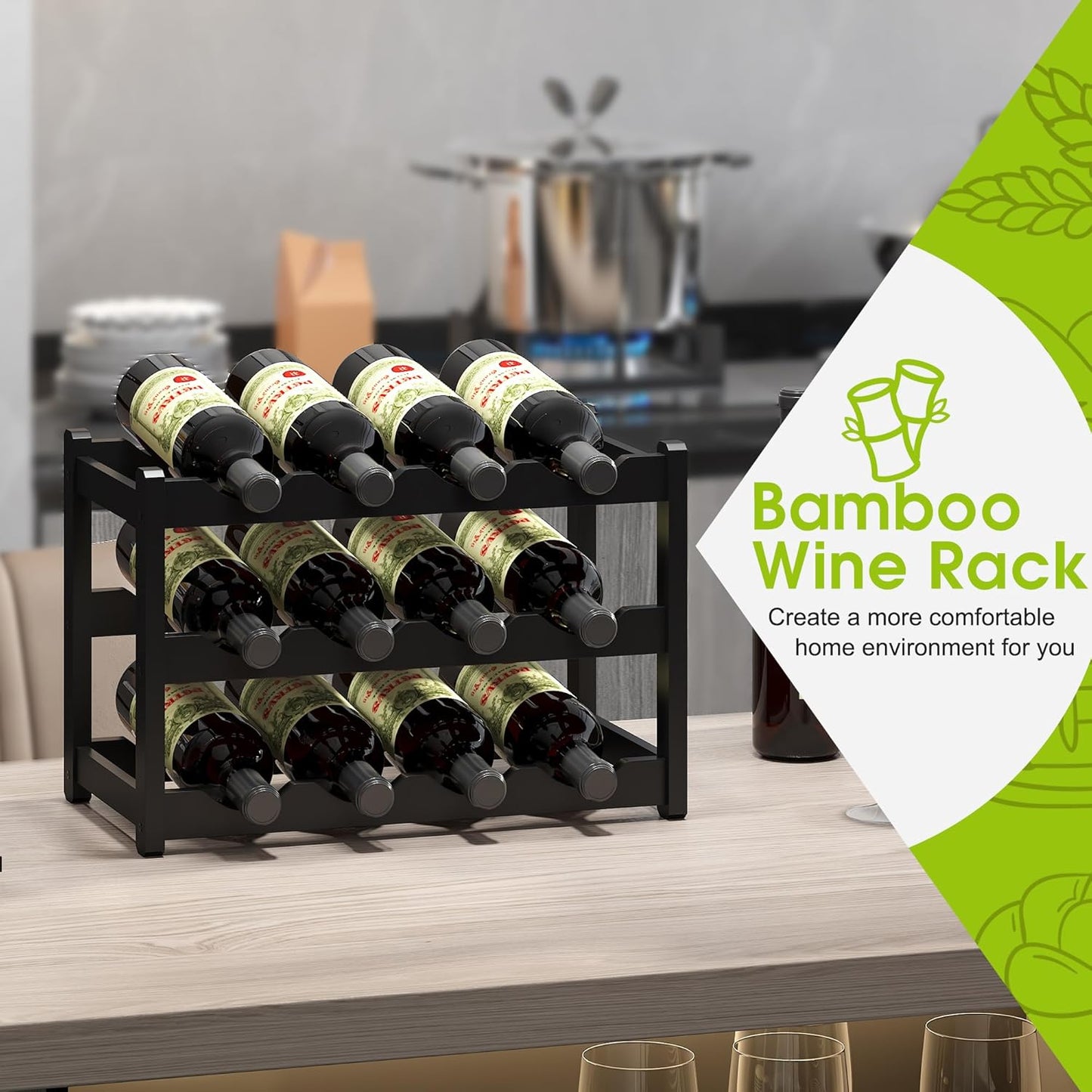 BMOSU Bamboo Wine Rack Wine Storage Cabinet Shelf 12 Bottle Wine Racks Countertop Sturdy for Kitchen Dining Room Pantry - 3 Tiers Wine Rack (Black)