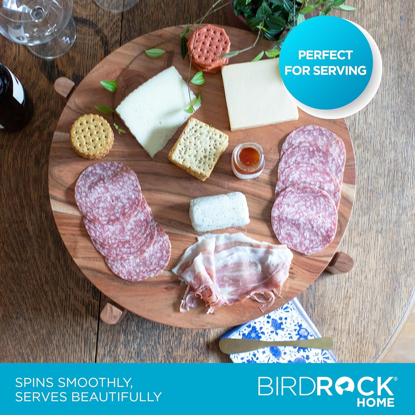 BIRDROCK HOME Elevated Lazy Susan | Rotating Acacia Wood Platter with Raised Legs | Ideal for Serving, Organizing, and Decor | Smooth 360° Rotation (Natural, Medium)