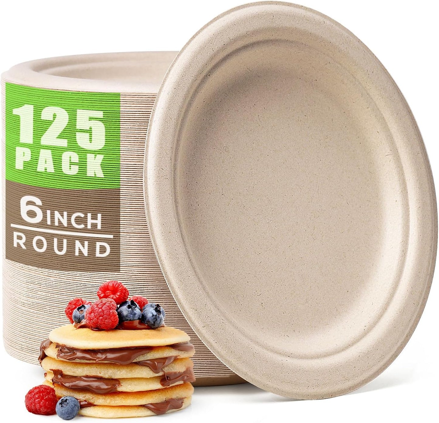 Gezond Compostable Small Paper Plates 6 Inch 125 Pack Dessert Plates Disposable Heavy-duty Made of Sugarcane Fiber