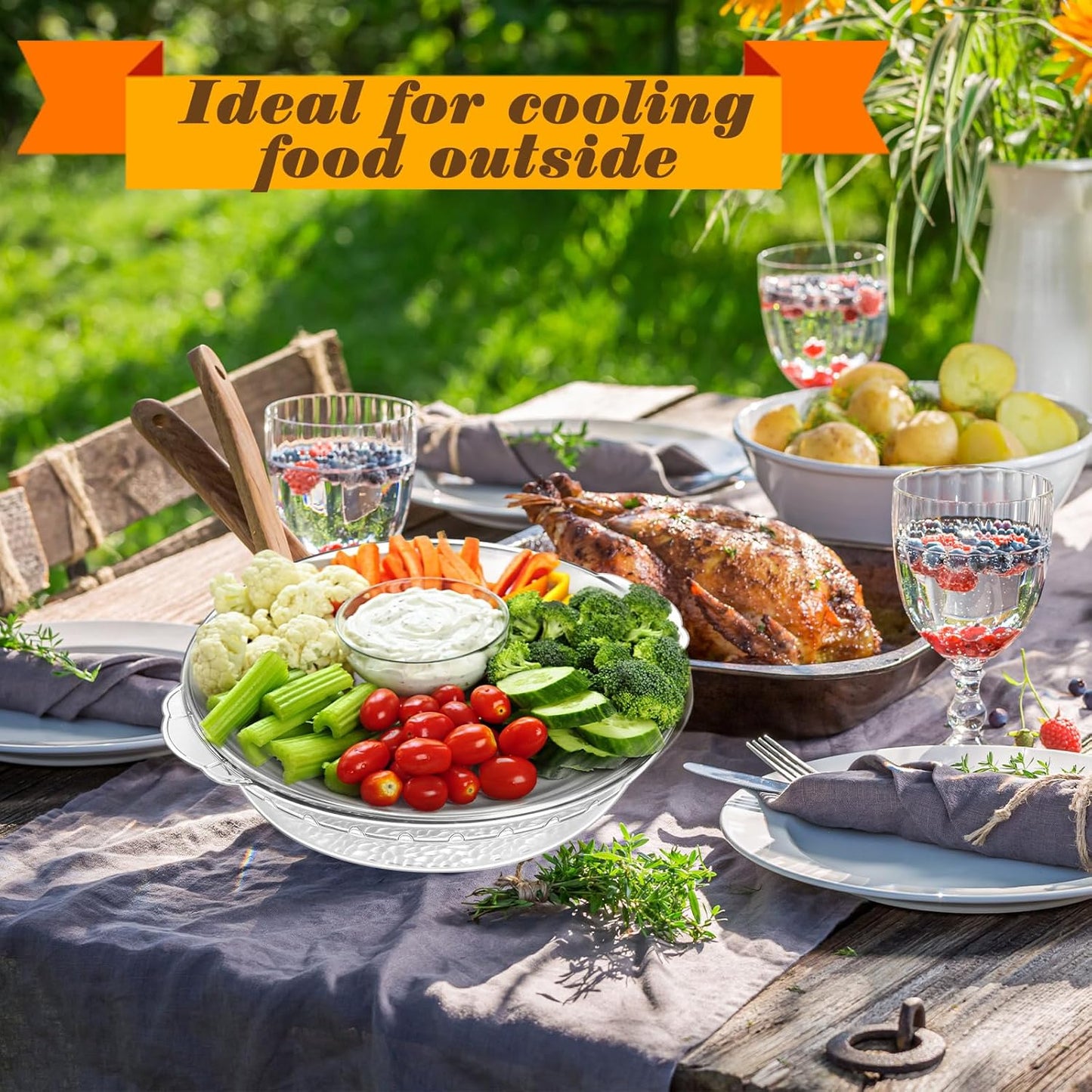 Baderke 9 Set 11.8" Chilled Serving Tray for Parties with Compartments Ice Chilled Party Platter Charcuterie Serving Board Cold Dish Dip for Fruit Seafood Vegetable Shrimp Cocktail (Natural)