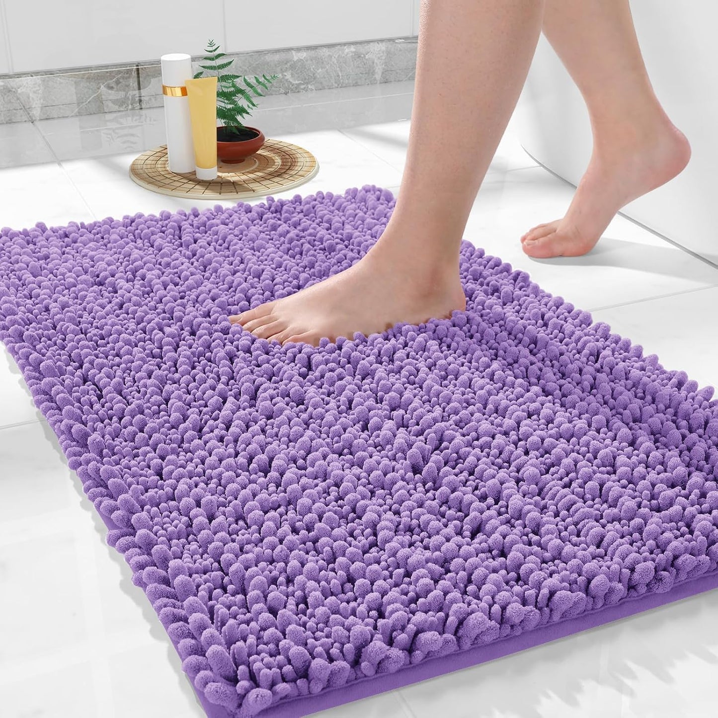 Yimobra Bathroom Rugs Non Slip Washable 24x17 Inch - Ultra Soft Absorbent Chenille Bath Mat, Quick Dry Shaggy Floor Carpet for Tub Shower, Lavender Home Decor Accessories