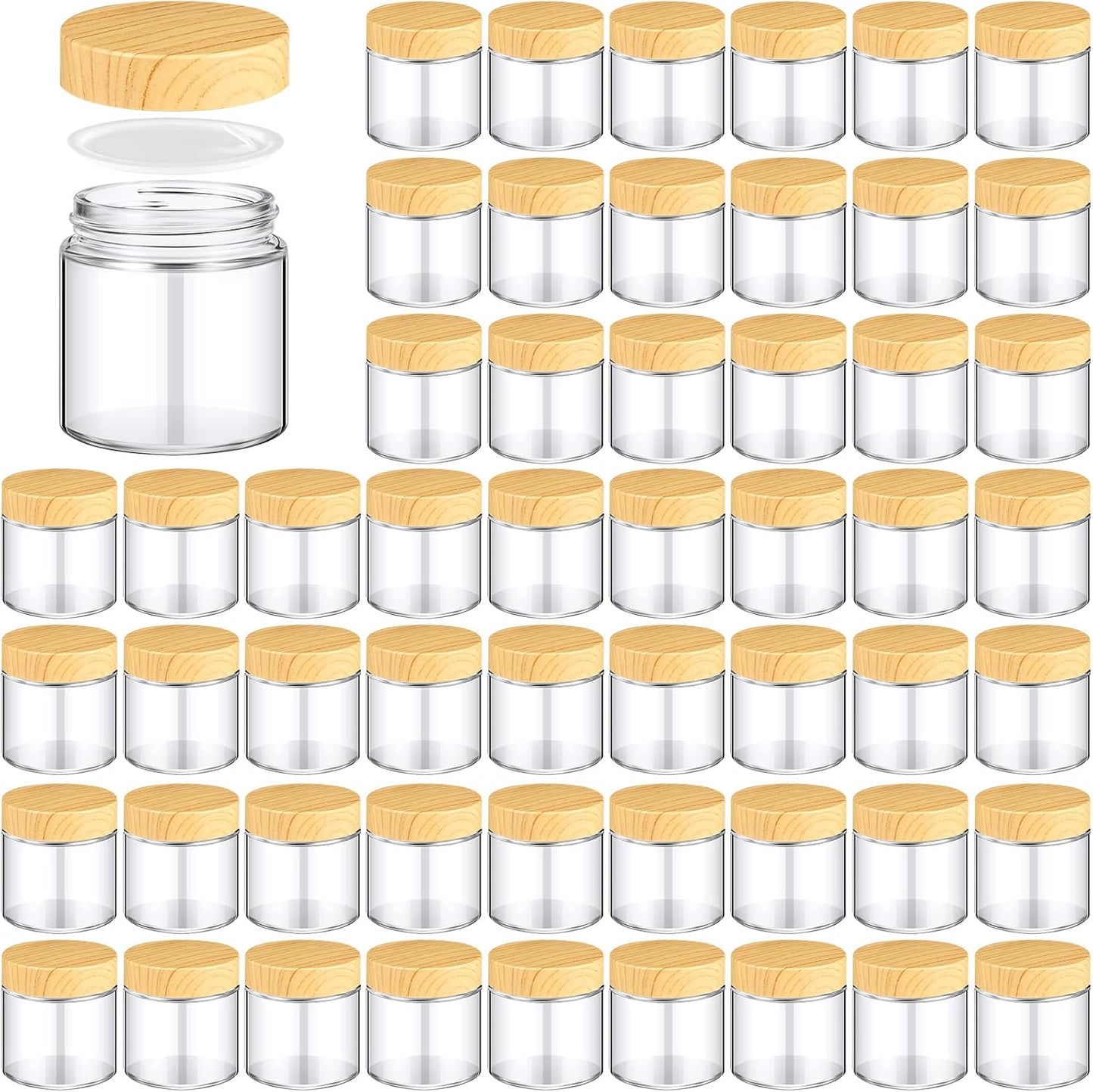 Norme 48 Pcs 4 oz Glass Jars with Lids Empty Small Glass Containers and Inner Liners Reusable Cosmetic Jars Round Airtight Bottles with Plastic Woodgrain Lids for Travel