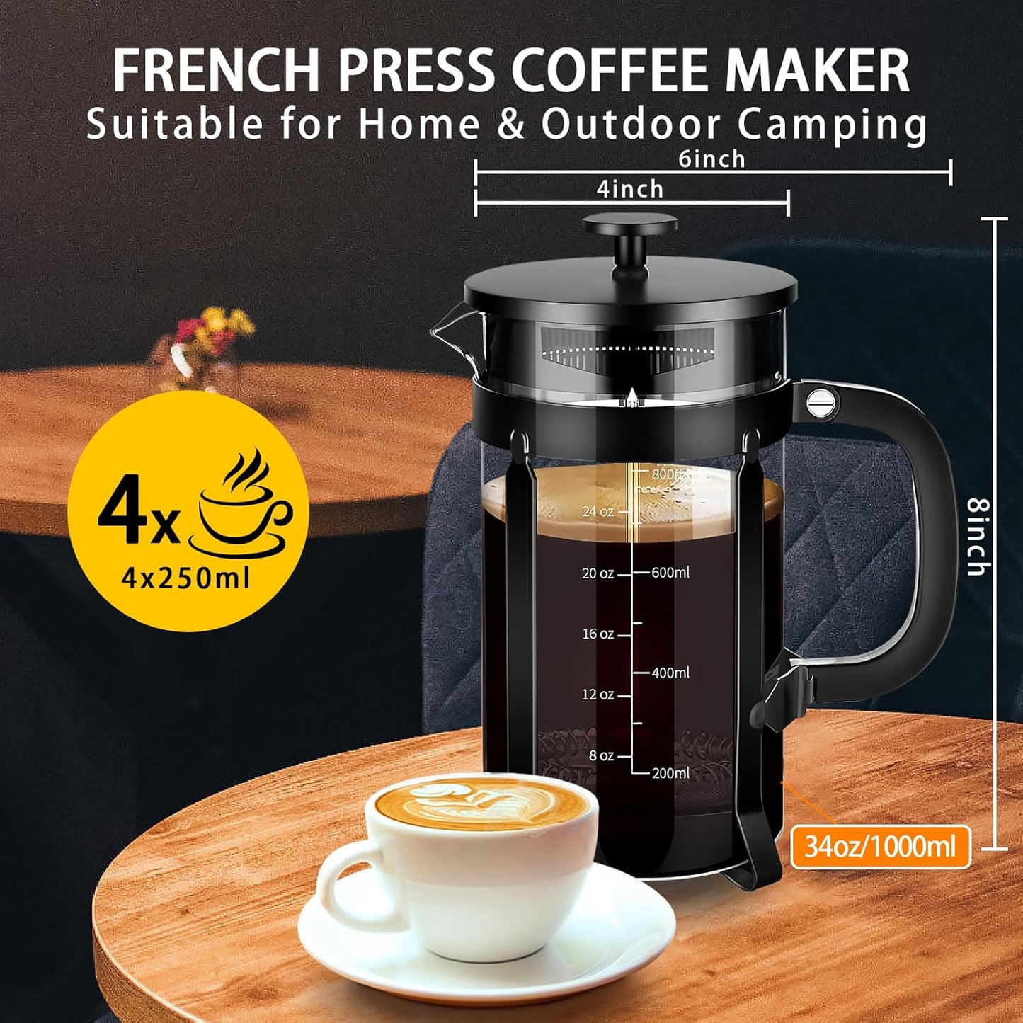 French Press Coffee Maker 304 Stainless Steel Coffee Press,with 4 Filters System, Heat Resistant Thickness Borosilicate French Press Glass, BPA-Free Brewed Tea Pot Coffee Plunger(Copper 12oz)