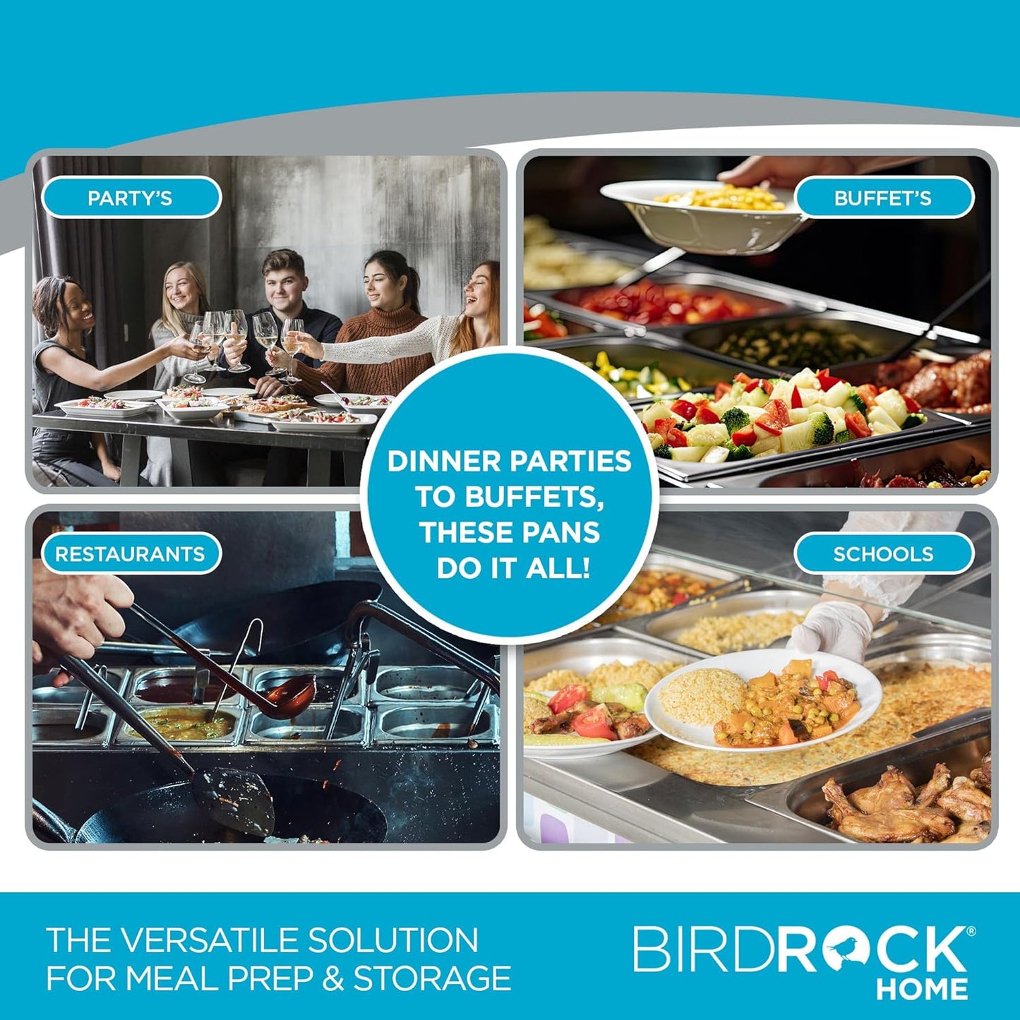 BIRDROCK HOME Stainless Steel Steam Table Pan - Hotel, Restaurant & Catering Supplies - 24 Gauge Steel, 21.3 qt Capacity - Meal Prep, Cooking, & Food Storage Container - 6" Depth, Full-Size (6 Pack)