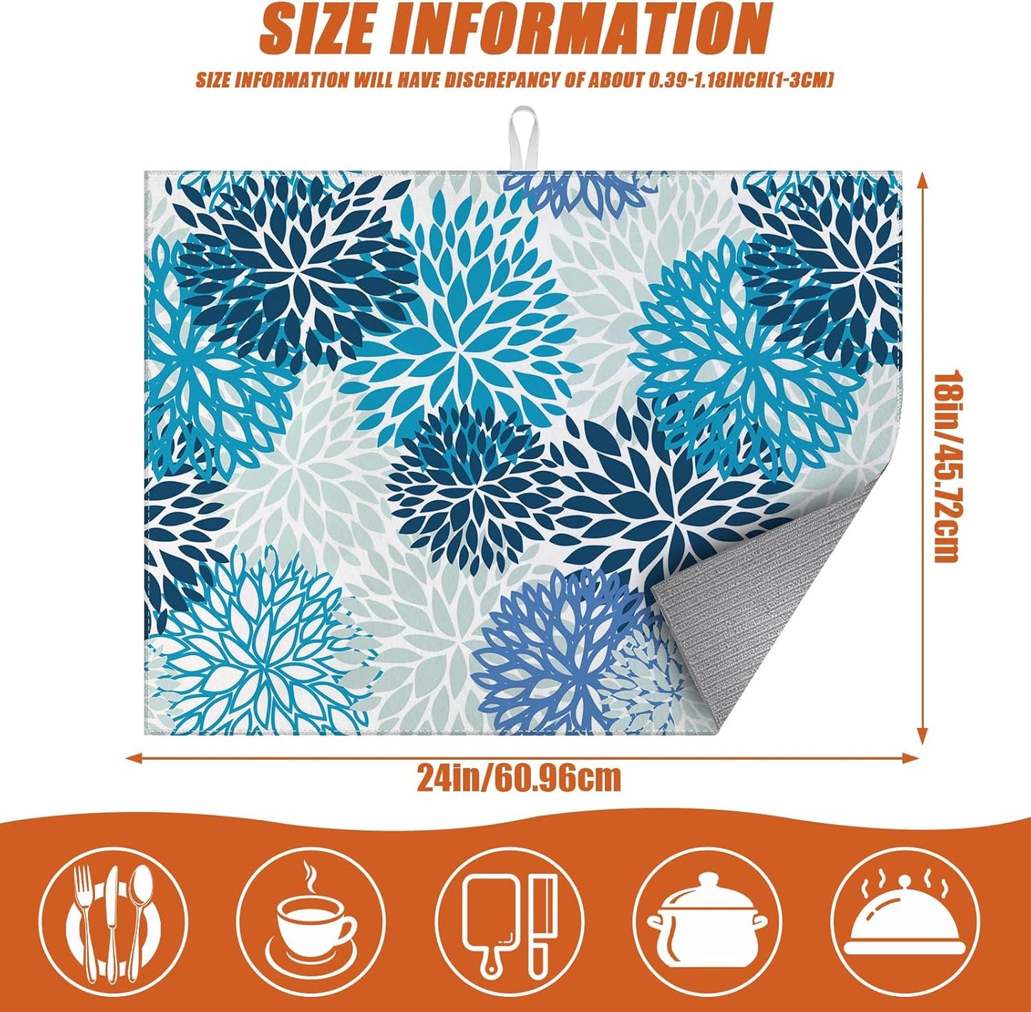 Blue Floral Dish Drying Mat for Kitchen Counter Microfiber Absorbent Dish Kitchen Drying Mat Draining Reusable Washable for Dishes/Utensils/Counterto