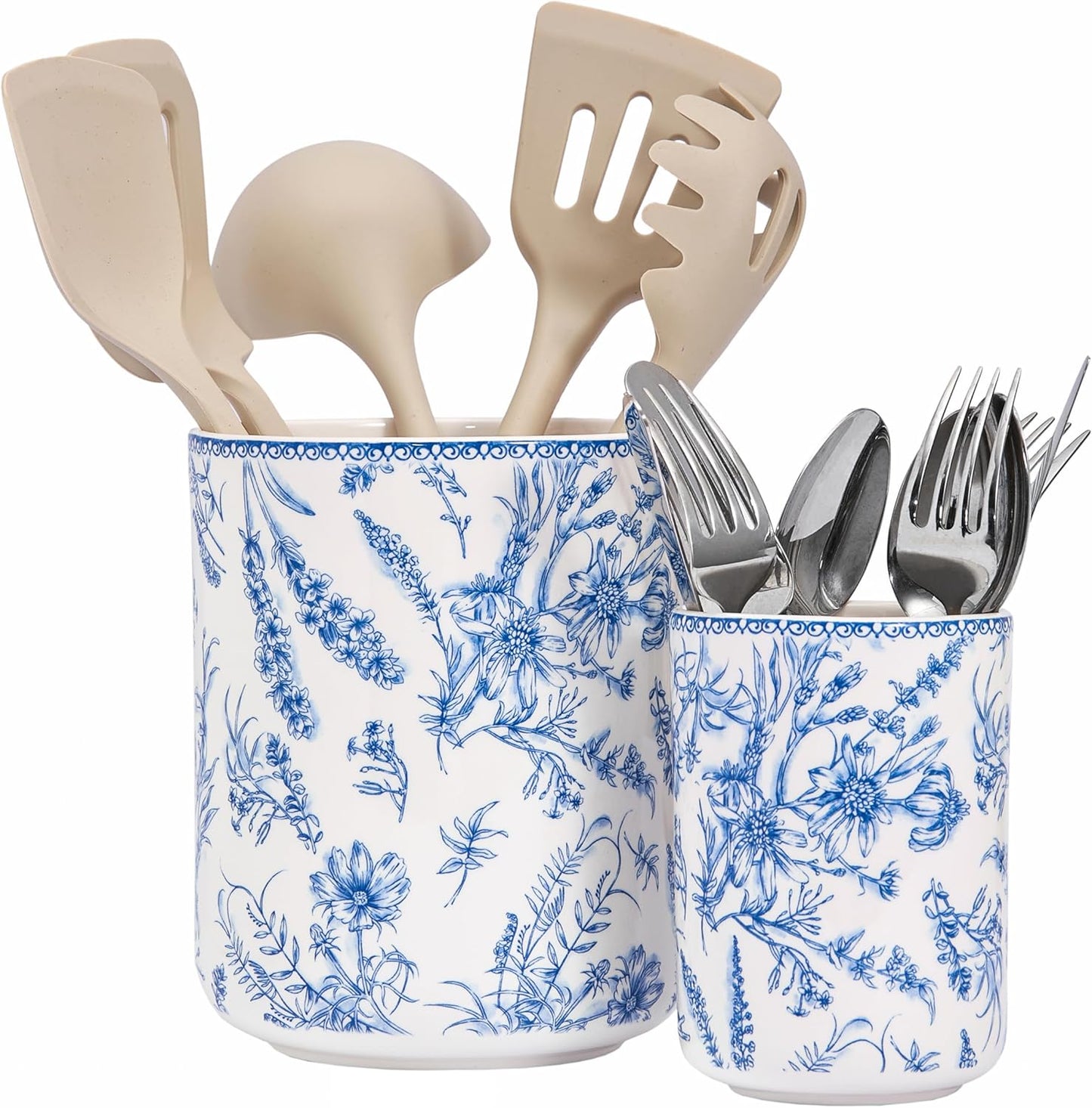 Bico Blue Garden Toile De Jouy Ceramic Utensil Holder Set of 2, Ceramic Kitchen Utensil Crocks for Countertop, Large Cooking Tool Holder Counter Decor, Spatula Organizer
